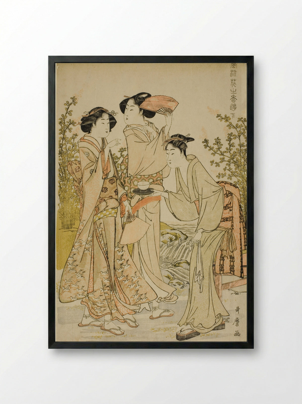 Elegant Pleasures: The Scent of Flowers, left - Kitagawa Utamaro - Framed Print Black