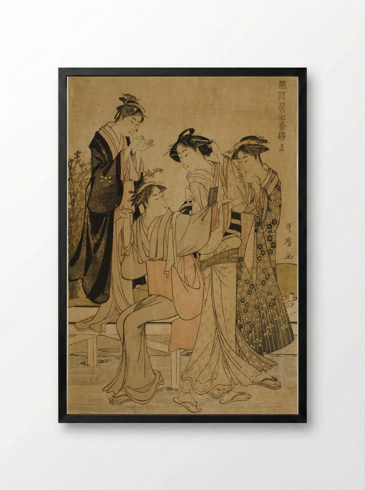 Elegant Pleasures: The Scent of Flowers, right - Kitagawa Utamaro - Framed Print Black