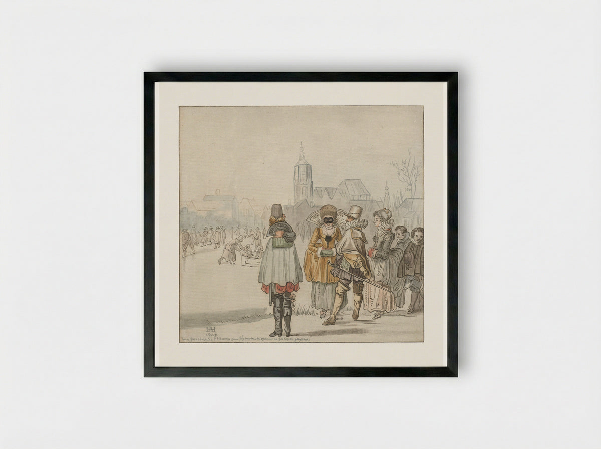 Elegant gezelschap op het ijs - Cornelis Ploos van Amstel - Framed Print Black