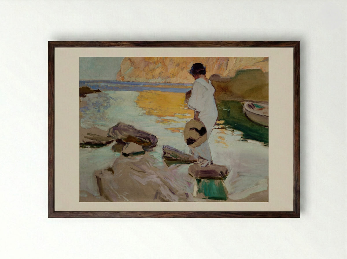 Elena in Cove, San Vicente at Majorca - Joaquín Sorolla - Framed Print Dark Wood