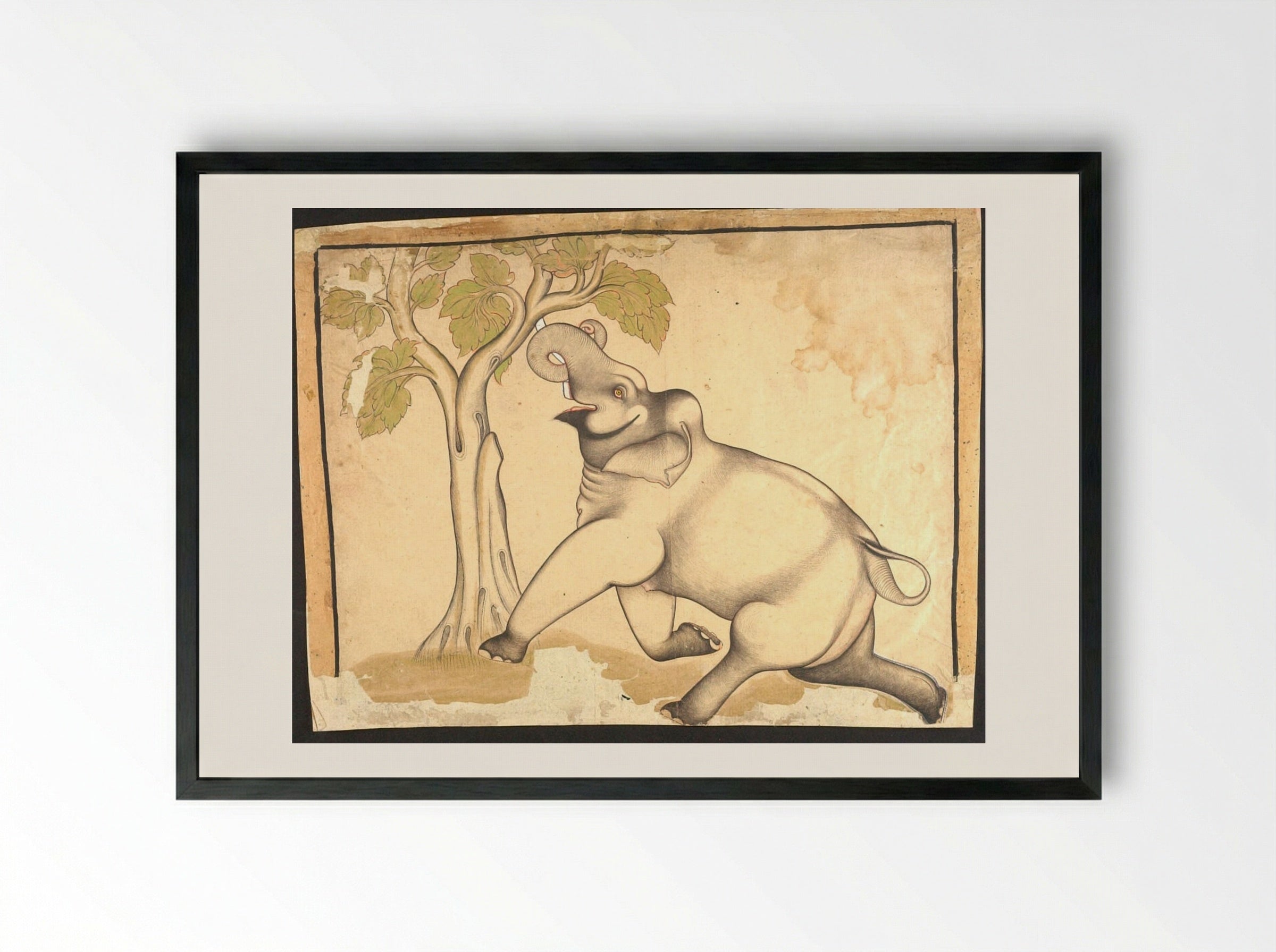 Elephant Under a Tree - Shaykh Taju - Framed Print Black