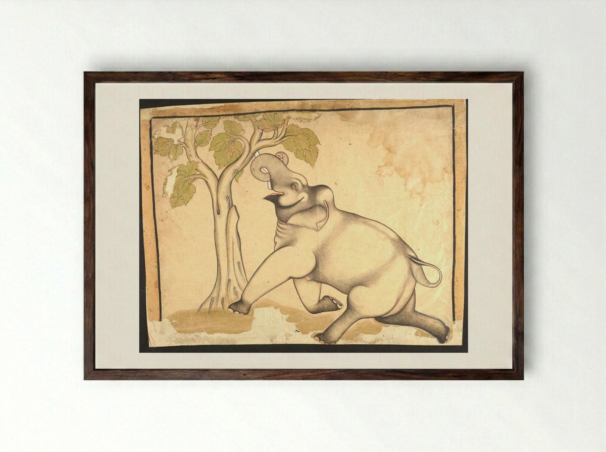 Elephant Under a Tree - Shaykh Taju - Framed Print Dark Wood