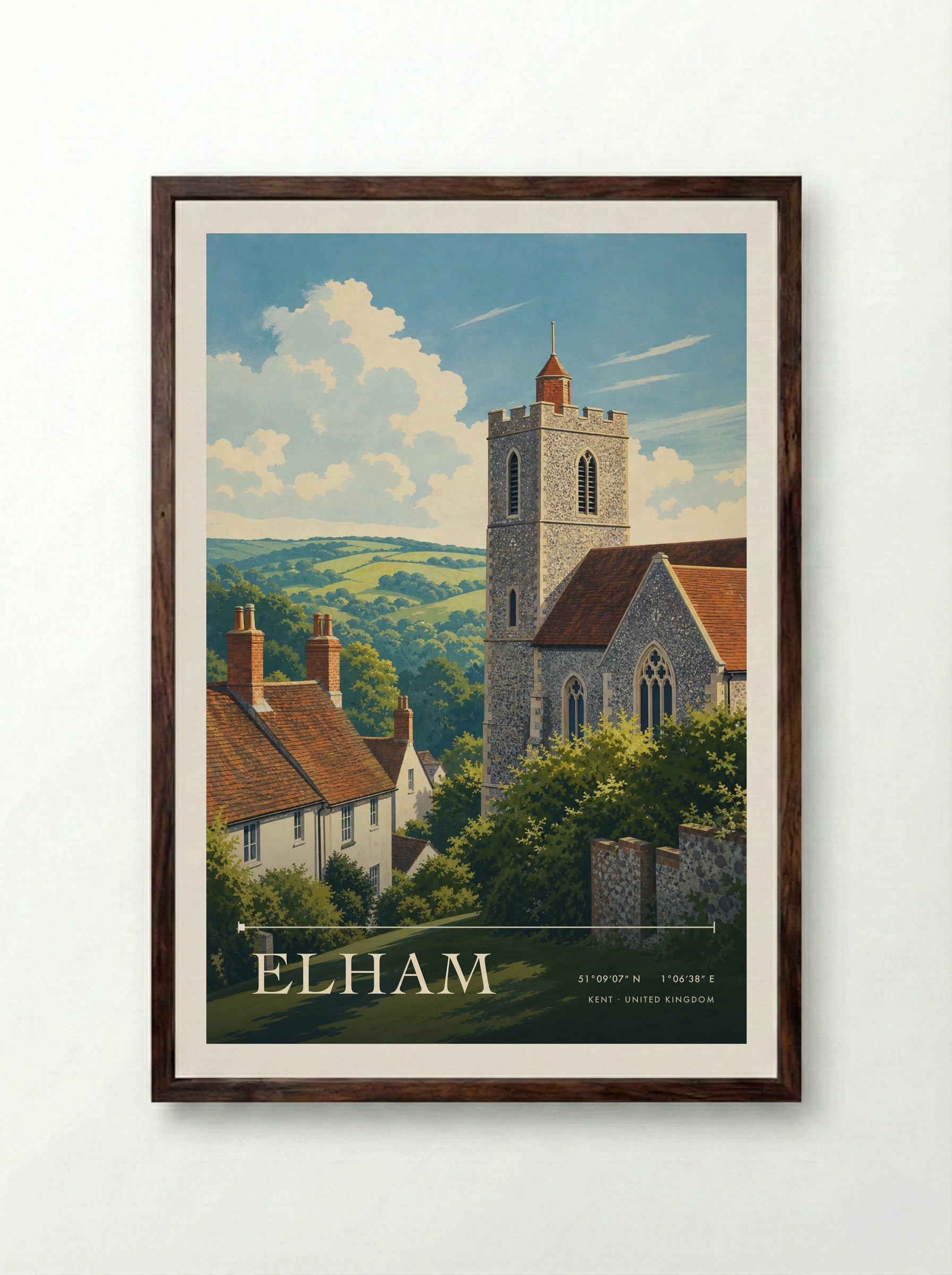 Elham Kent United Kingdom Travel Poster - Framed Print Dark Wood
