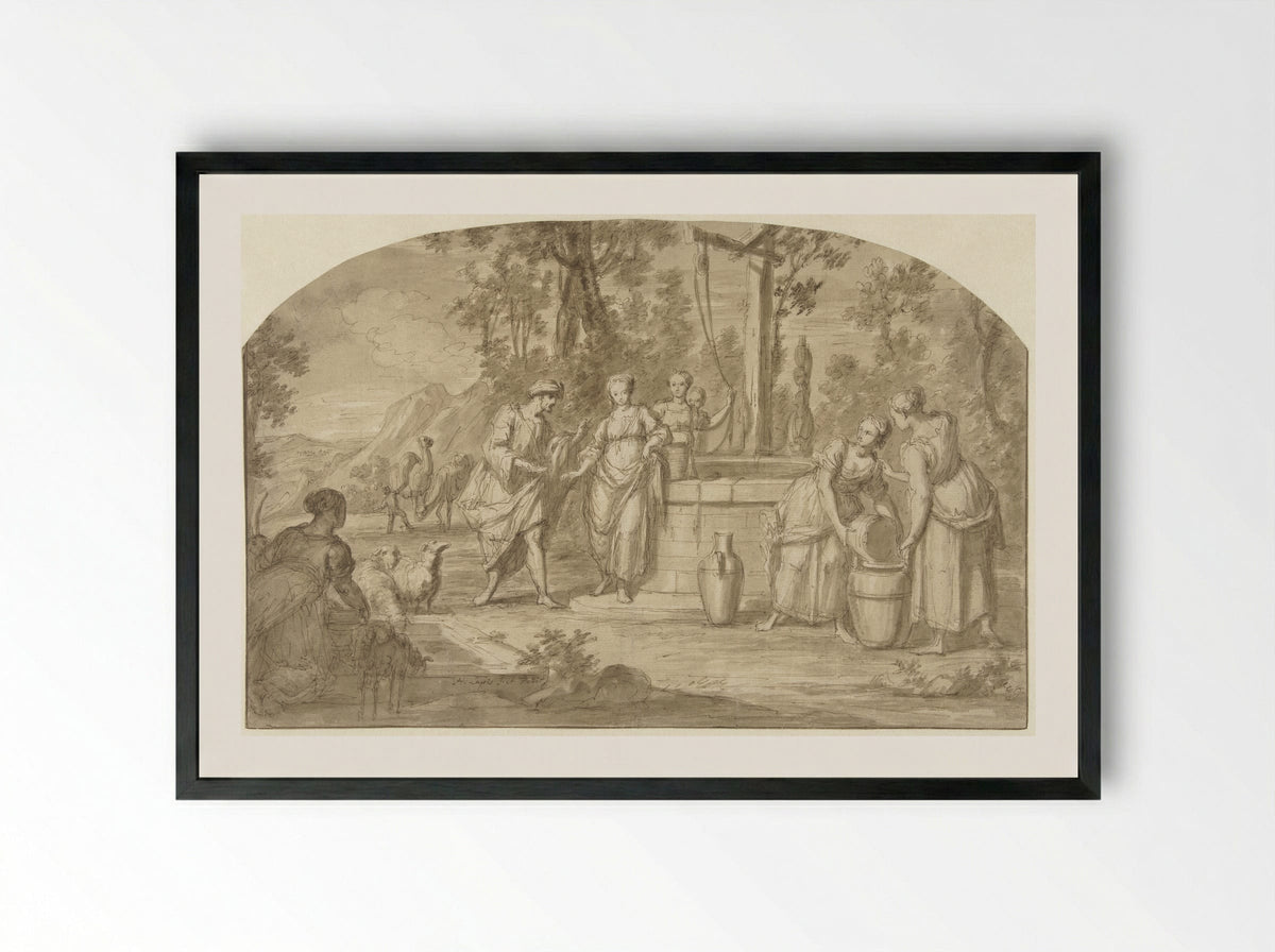 Eliëzer en Rebekka bij de bron - Hieronymus Lapis - Framed Print Black