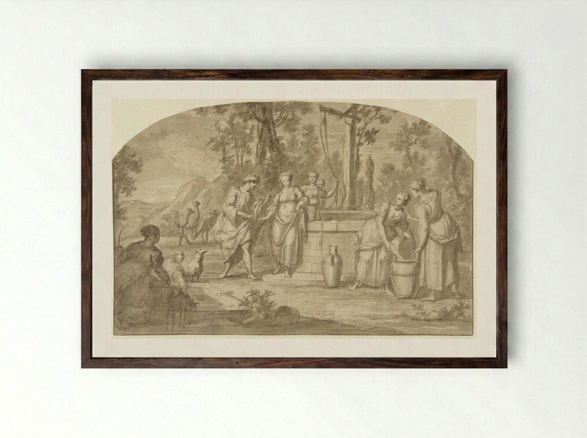 Eliëzer en Rebekka bij de bron - Hieronymus Lapis - Framed Print Dark Wood