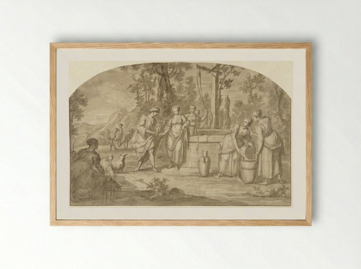 Eliëzer en Rebekka bij de bron - Hieronymus Lapis - Framed Print Wood