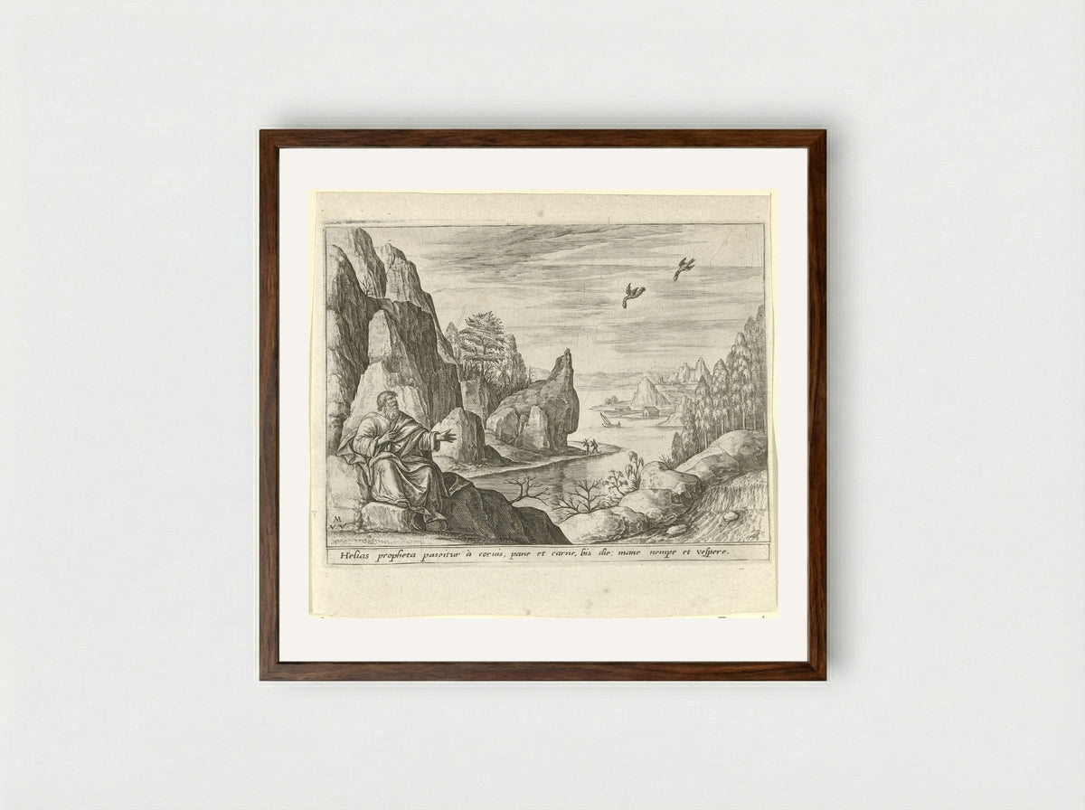 Elijah Fed by Ravens - Crispijn van de Passe (II) - Framed Print Dark Wood