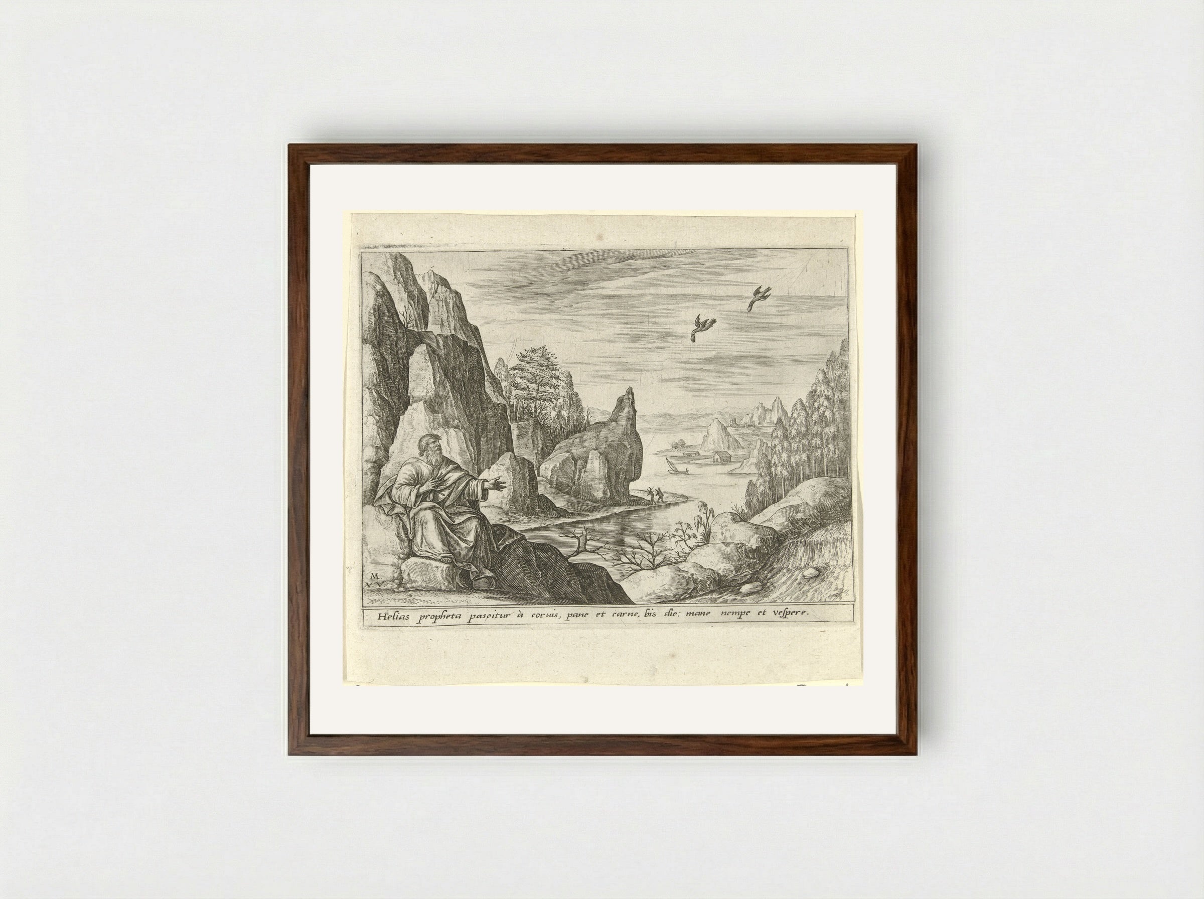 Elijah Fed by Ravens - Crispijn van de Passe (II) - Framed Print Dark Wood