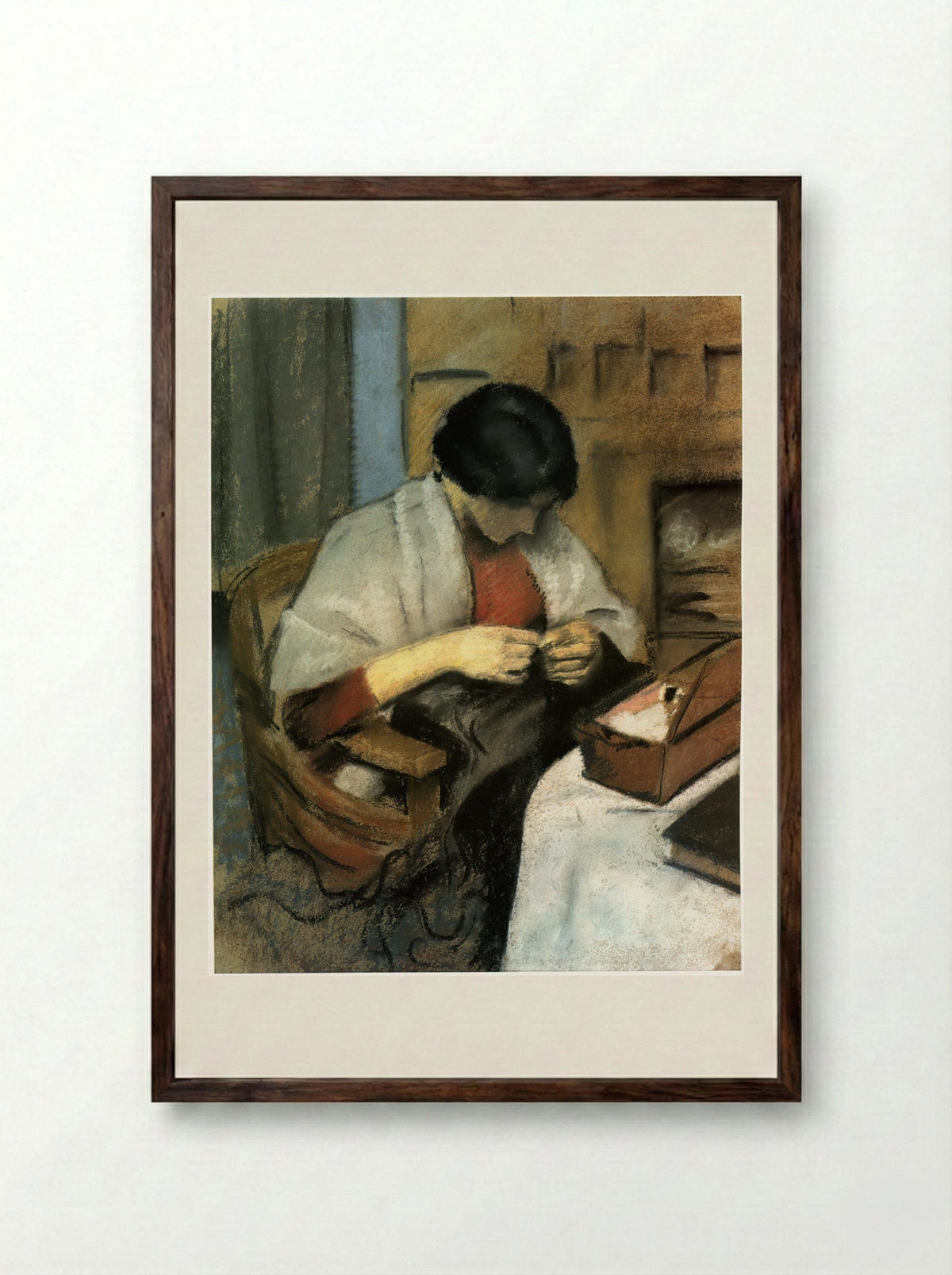 Elisabeth Gerhard Sewing - August Macke - Framed Print Dark Wood