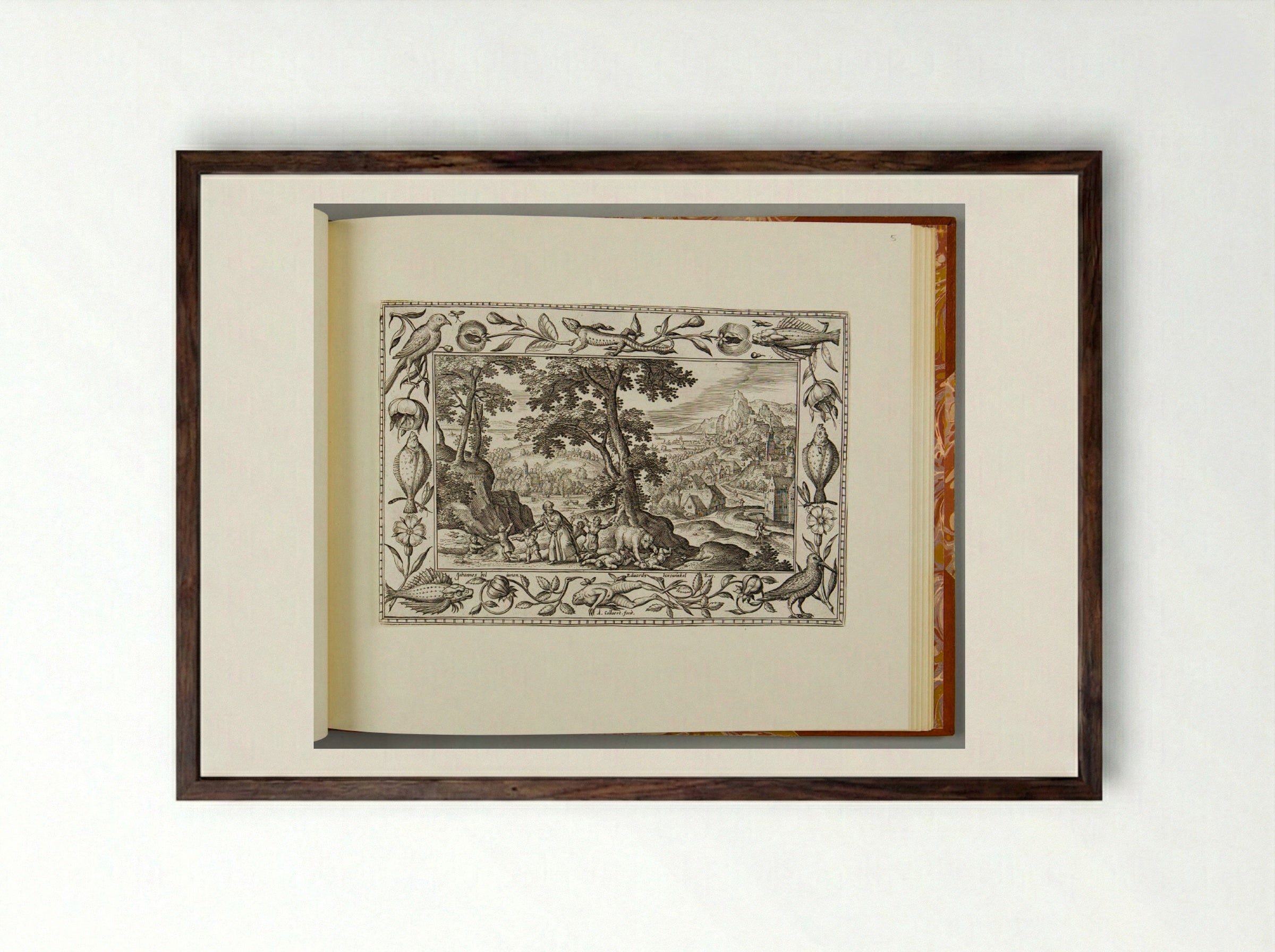 Elisha Curses the Youths, with Lizard, Fish, Frog, and Bird - Adriaen Collaert - Framed Print Dark Wood