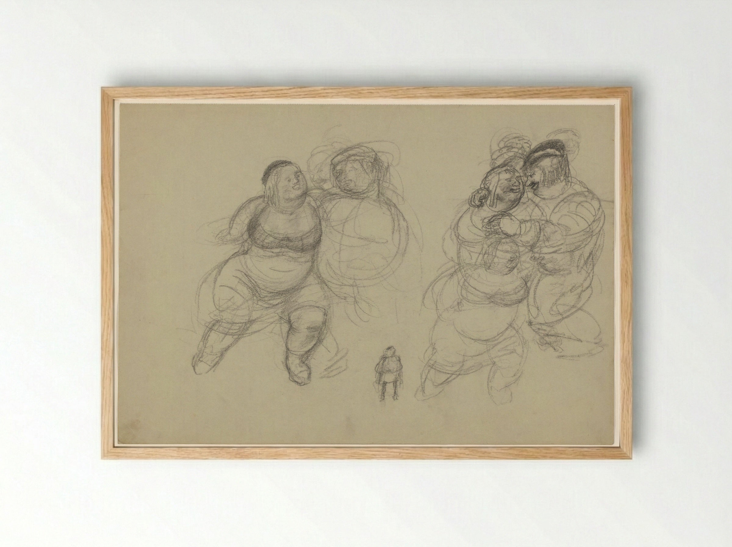 Elkaar omhelzende reuzen en een kleine figuur - Henk Henriët - Framed Print Wood