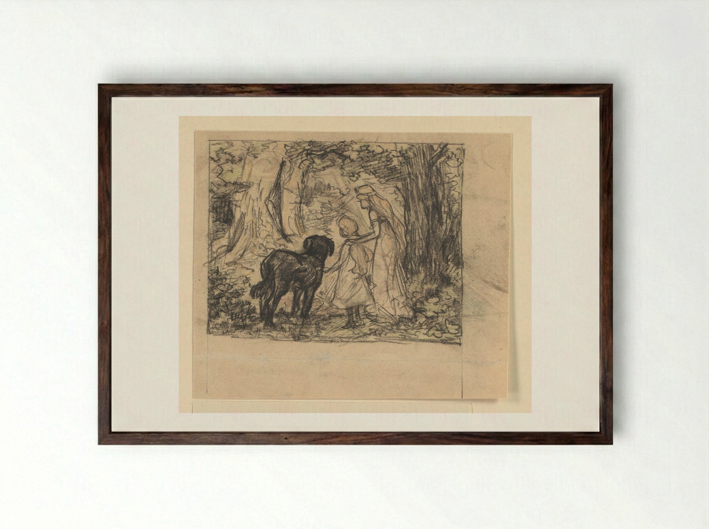 Ella met de fee Fatima en haar hond Nero in een bos - Edzard Koning - Framed Print Dark Wood