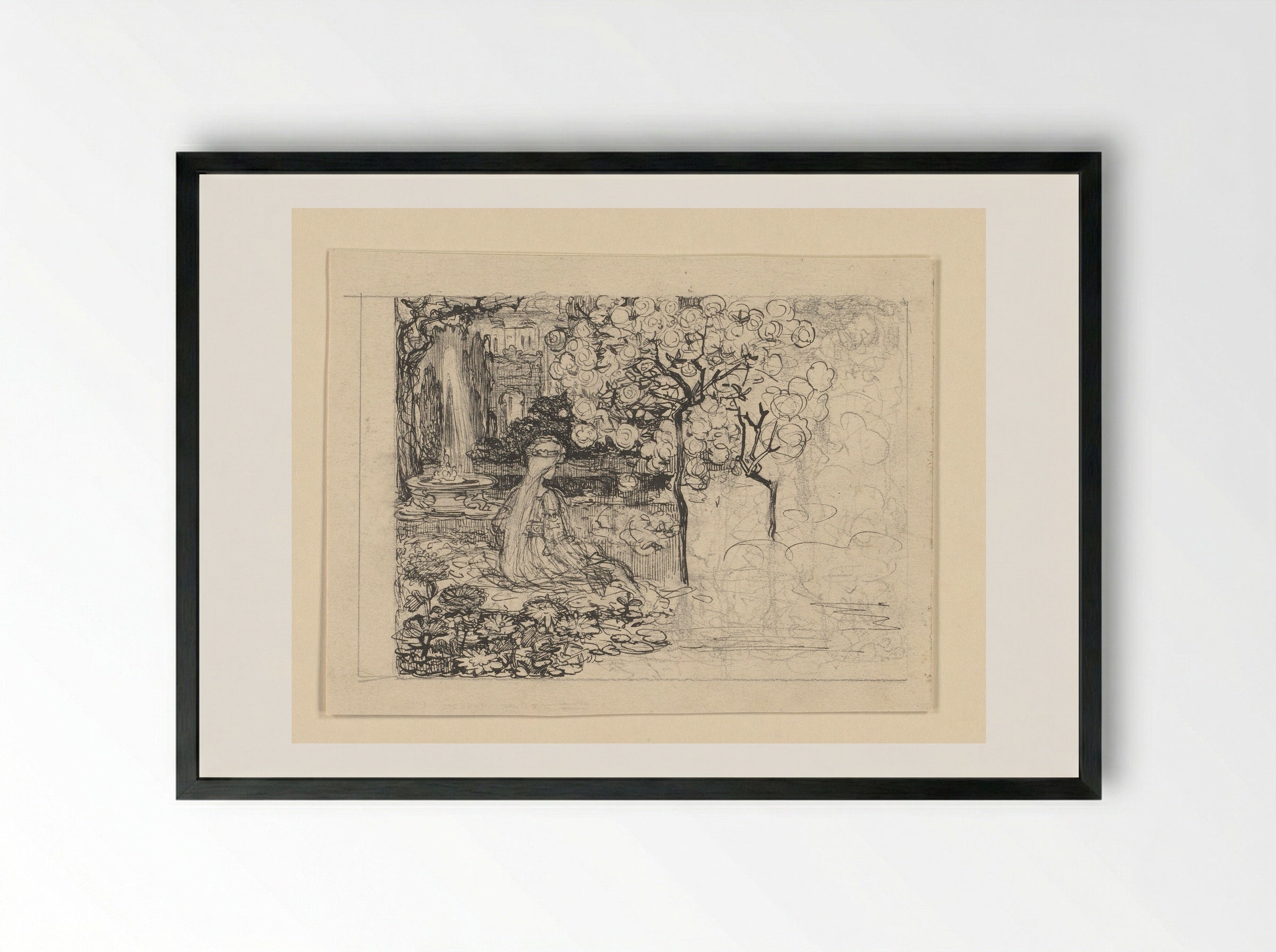 Ella omringd door planten, met op de achtergrond een fontein - Edzard Koning - Framed Print Black