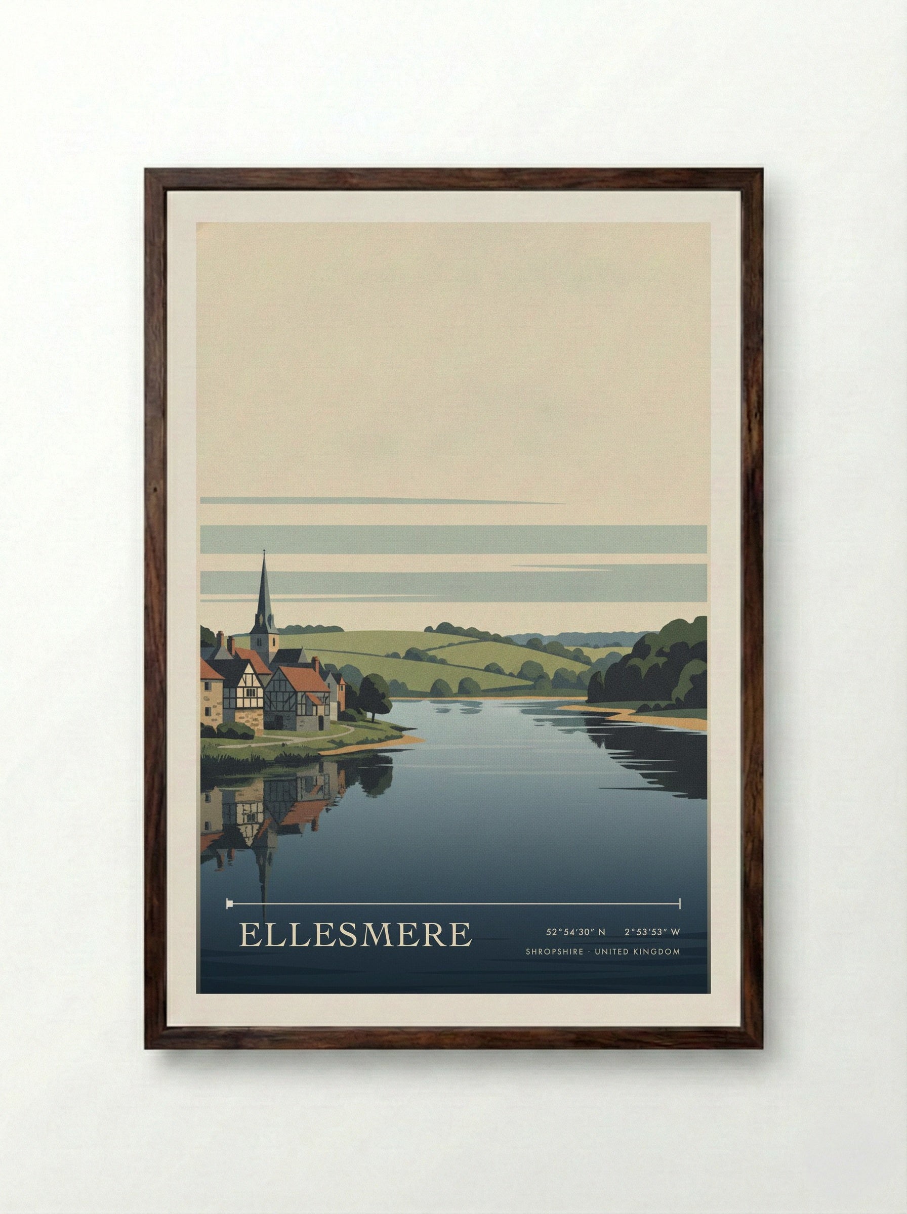 Ellesmere Shropshire United Kingdom Travel Poster - Framed Print Dark Wood