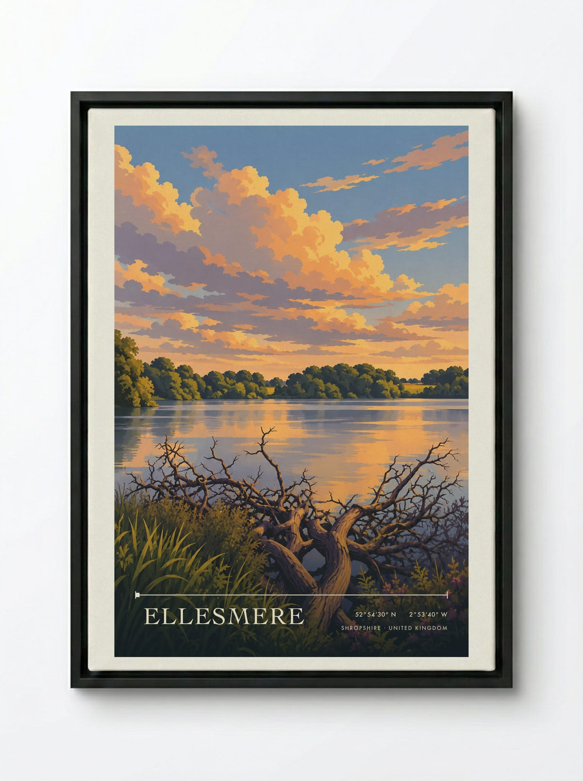 Ellesmere, Shropshire | Travel Poster - Framed Canvas Black