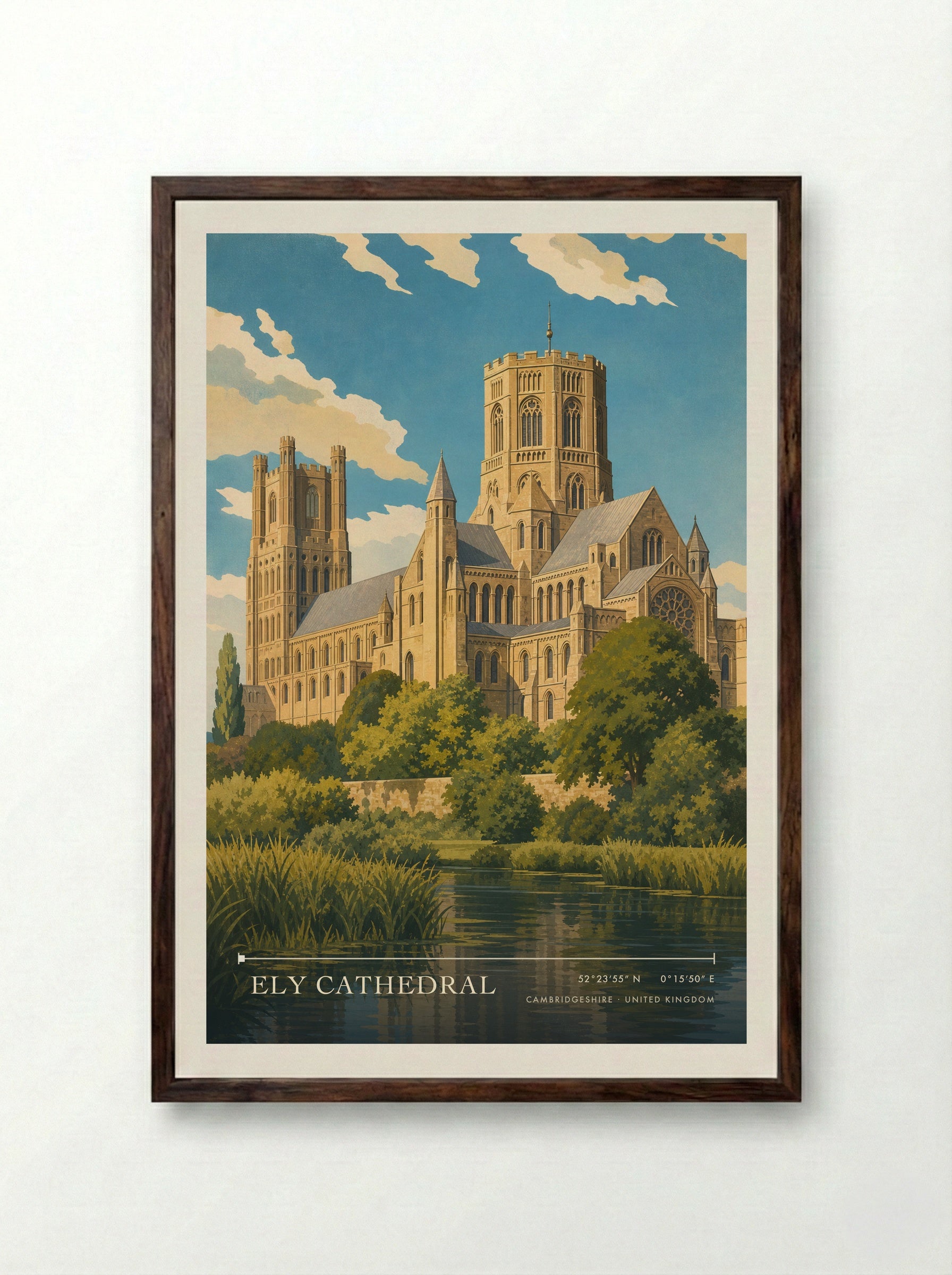 Ely Cathedral Cambridgeshire United Kingdom Travel Poster - Framed Print Dark Wood
