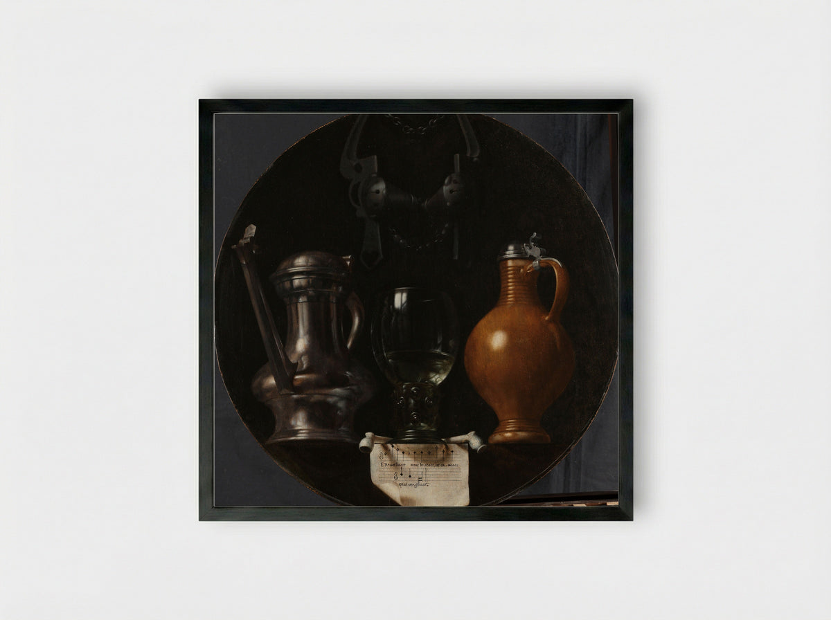 Emblematic Still Life with Flagon, Glass, Jug and Bridle - Johannes Torrentius - Framed Print Black