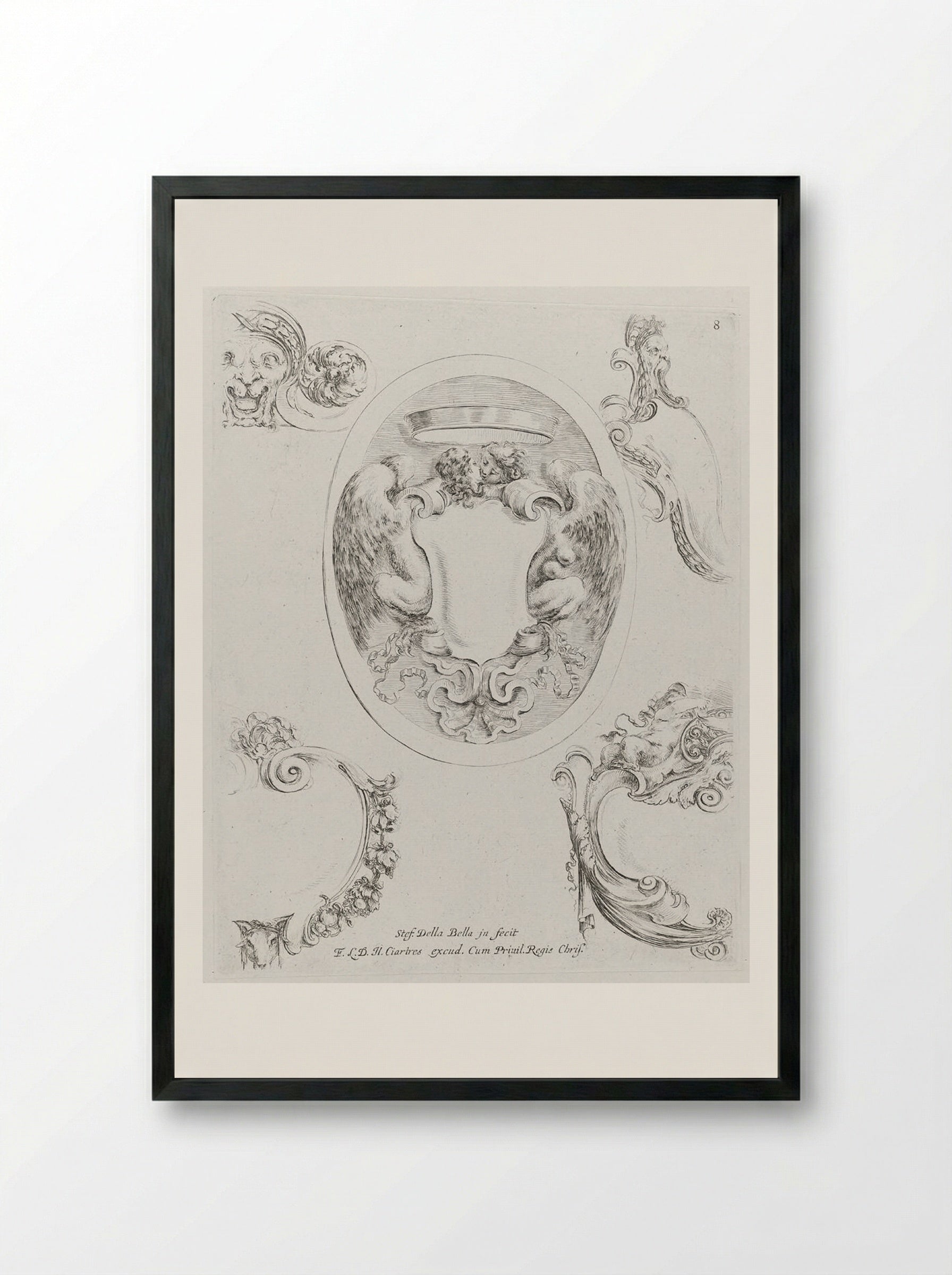 Embracing Male and Female Winged Creatures - Stefano Della Bella - Framed Print Black