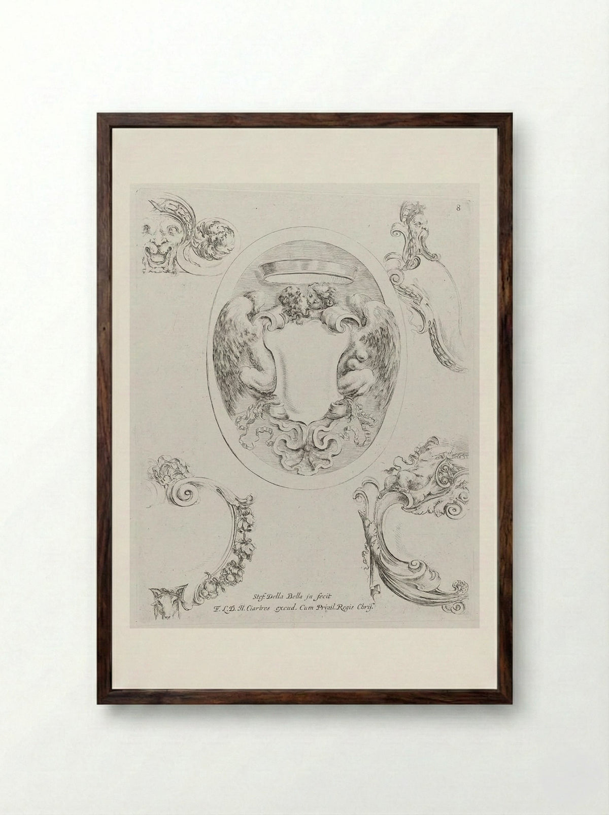 Embracing Male and Female Winged Creatures - Stefano Della Bella - Framed Print Dark Wood