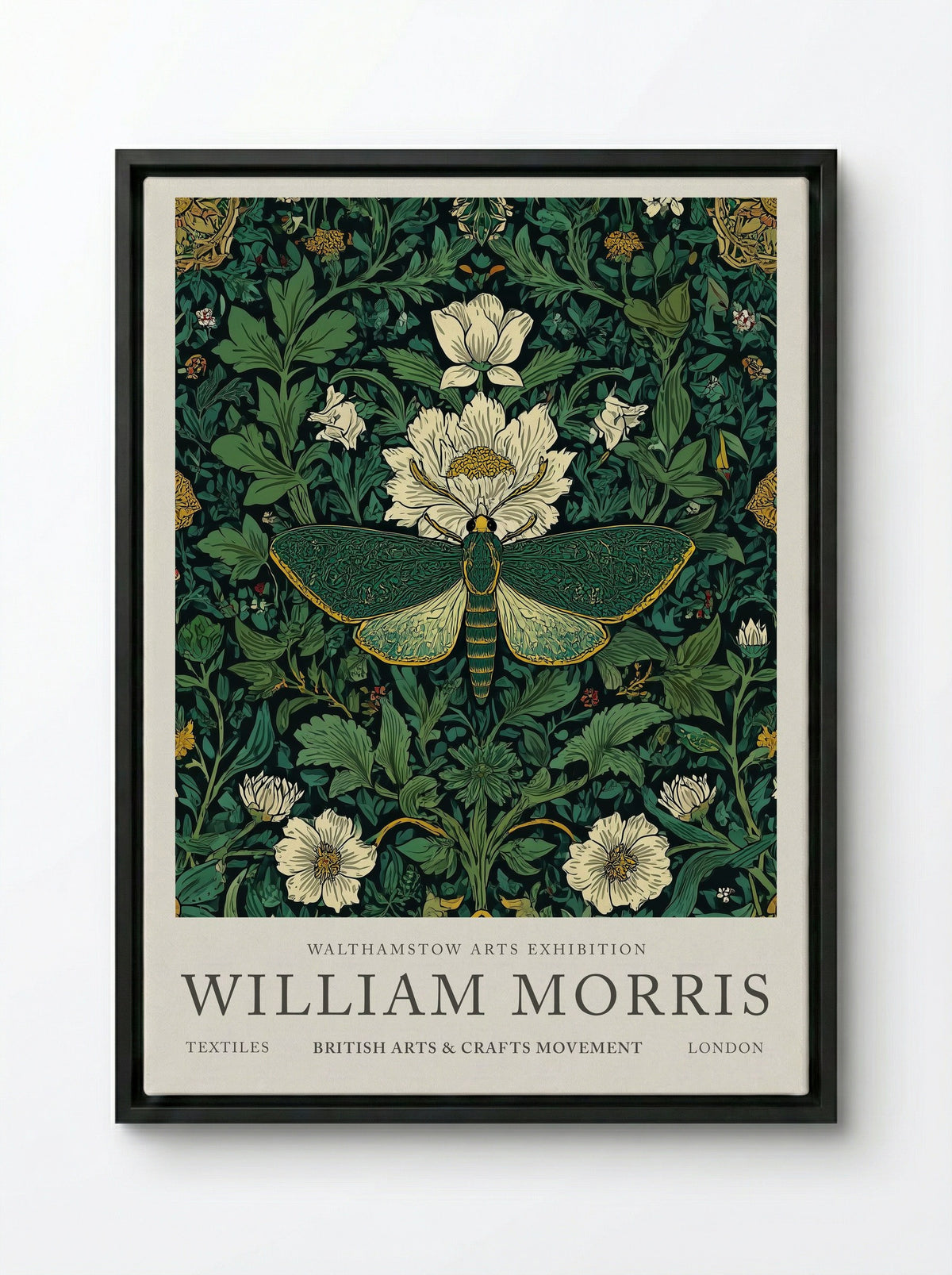 Emerald Moth Garden - William Morris - Framed Canvas Black