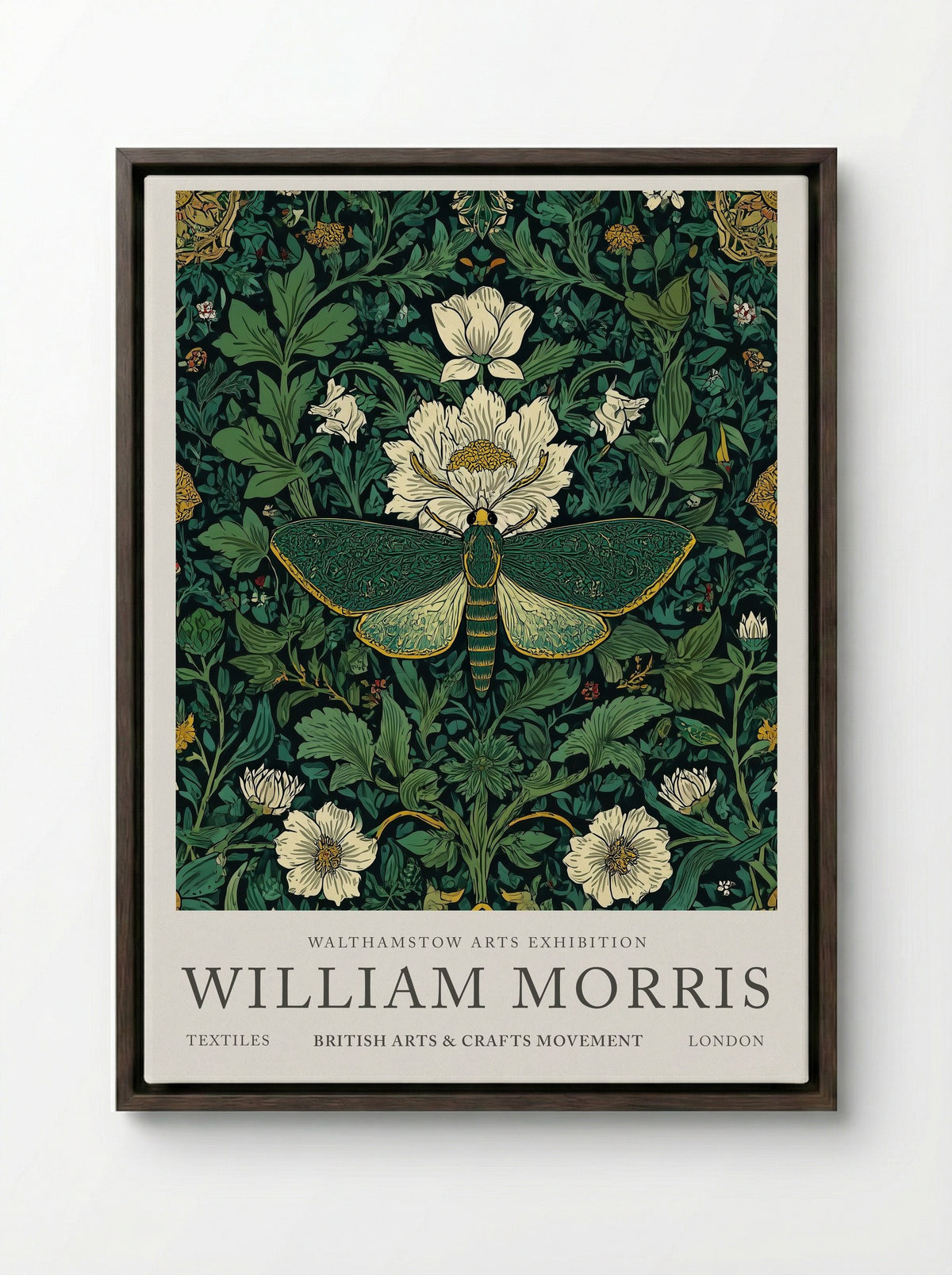 Emerald Moth Garden - William Morris - Framed Canvas Dark Wood