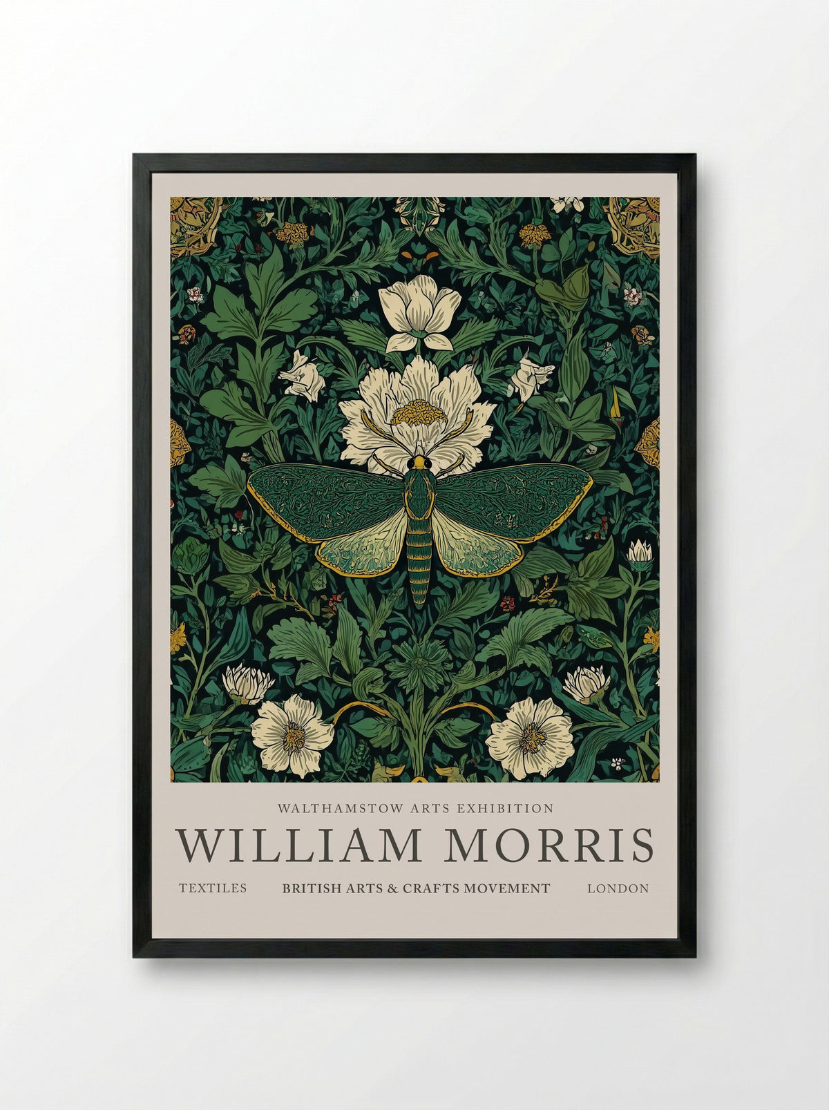 Emerald Moth Garden - William Morris - Framed Print Black