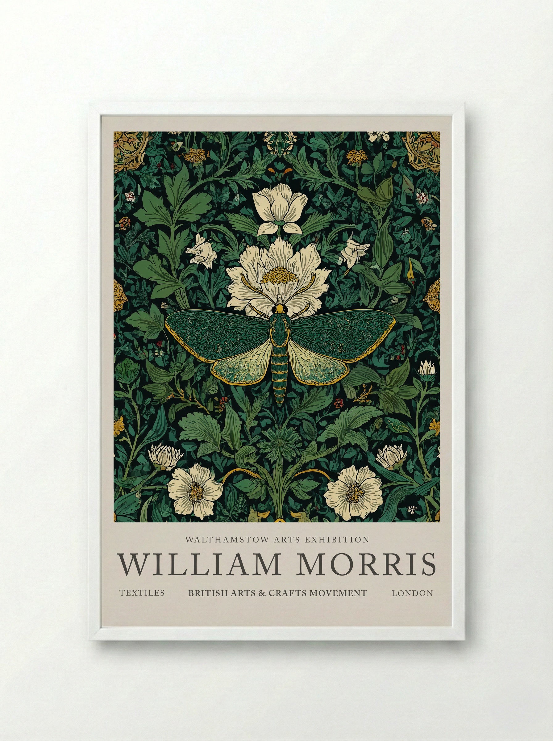 Emerald Moth Garden - William Morris - Framed Print White
