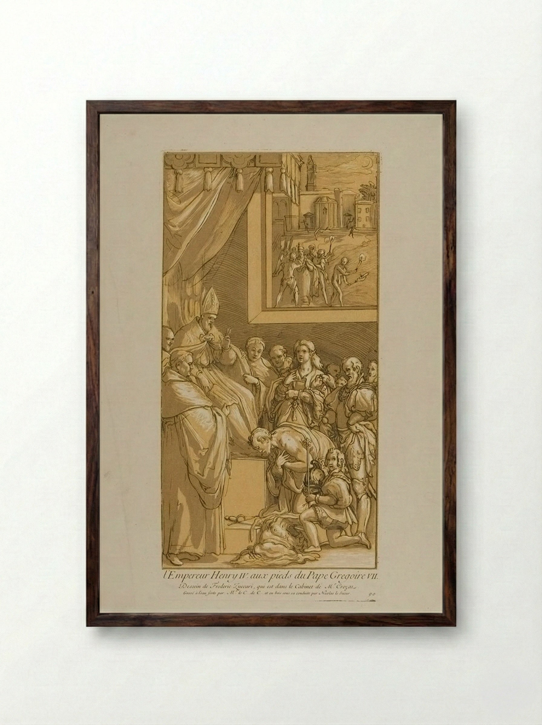 Emperor Henry IV at the Feet of Pope Gregory VII - Anne Claude de Thubières, comte de Caylus - Framed Print Dark Wood