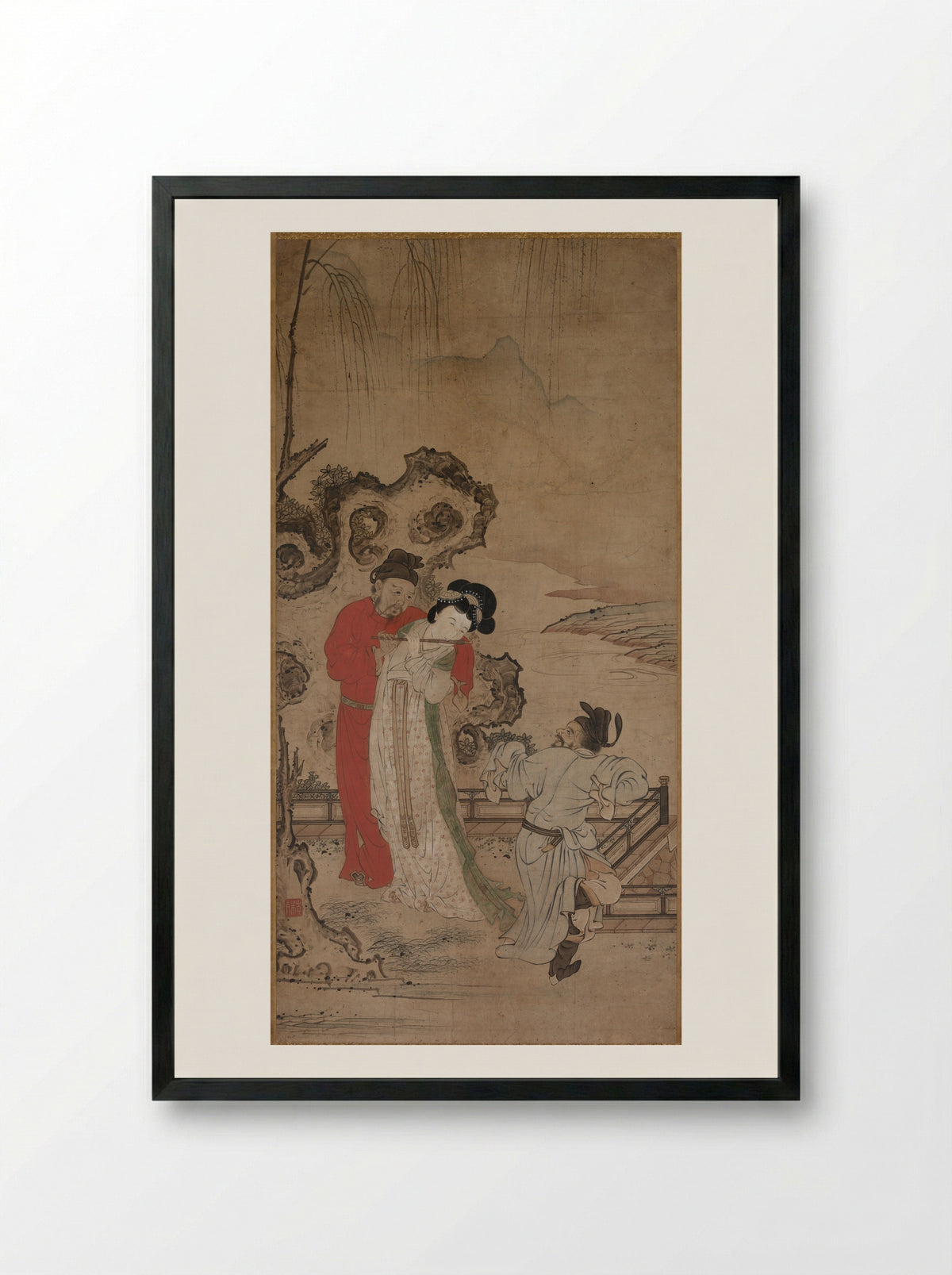 Emperor Minghuang Teaching Yang Gueifei to Play the Flute - Choryusai - Framed Print Black