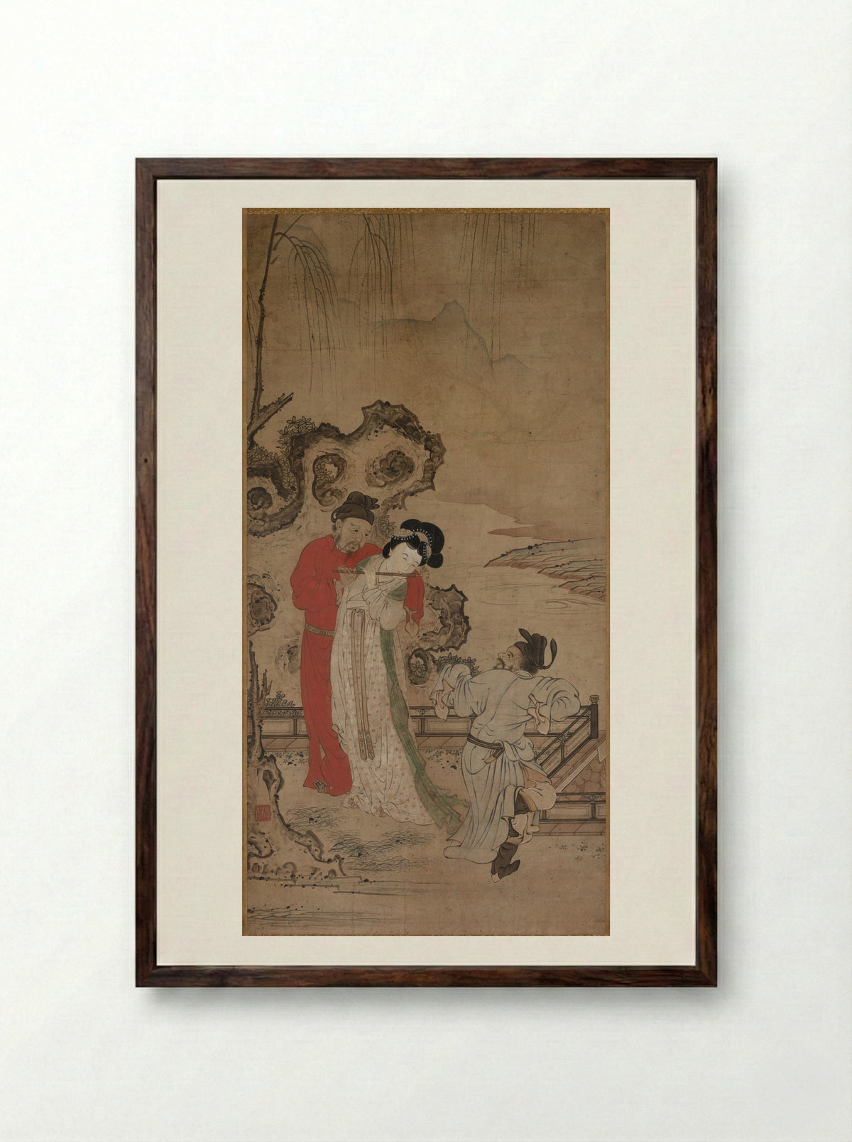 Emperor Minghuang Teaching Yang Gueifei to Play the Flute - Choryusai - Framed Print Dark Wood