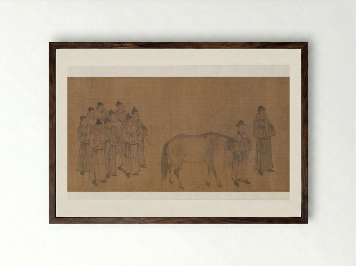 Emperor Minghuang Viewing Horses - Wu Daozi - Framed Print Dark Wood