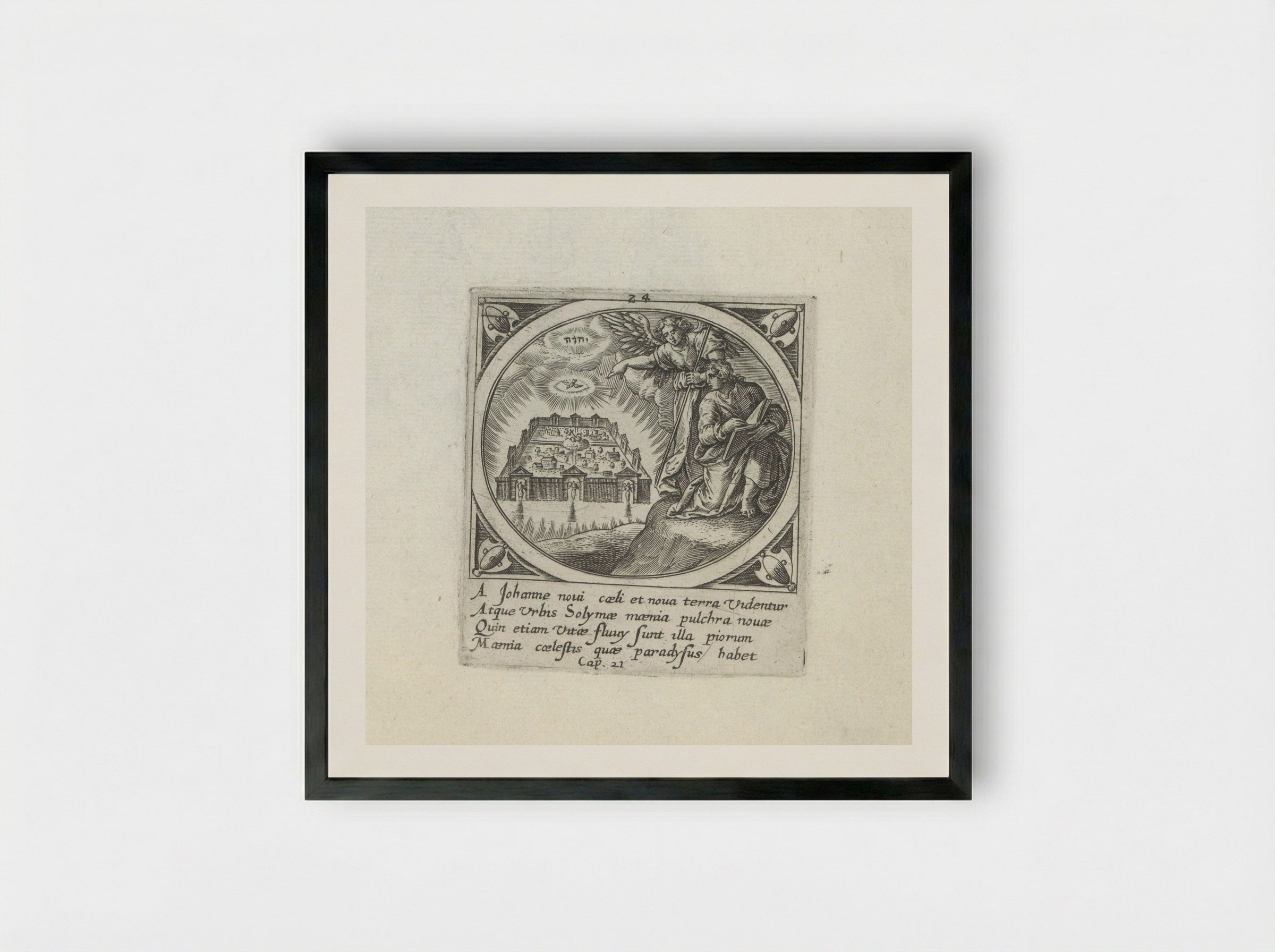 Engel toont Johannes het nieuwe Jeruzalem - Gerard de Jode - Framed Print Black