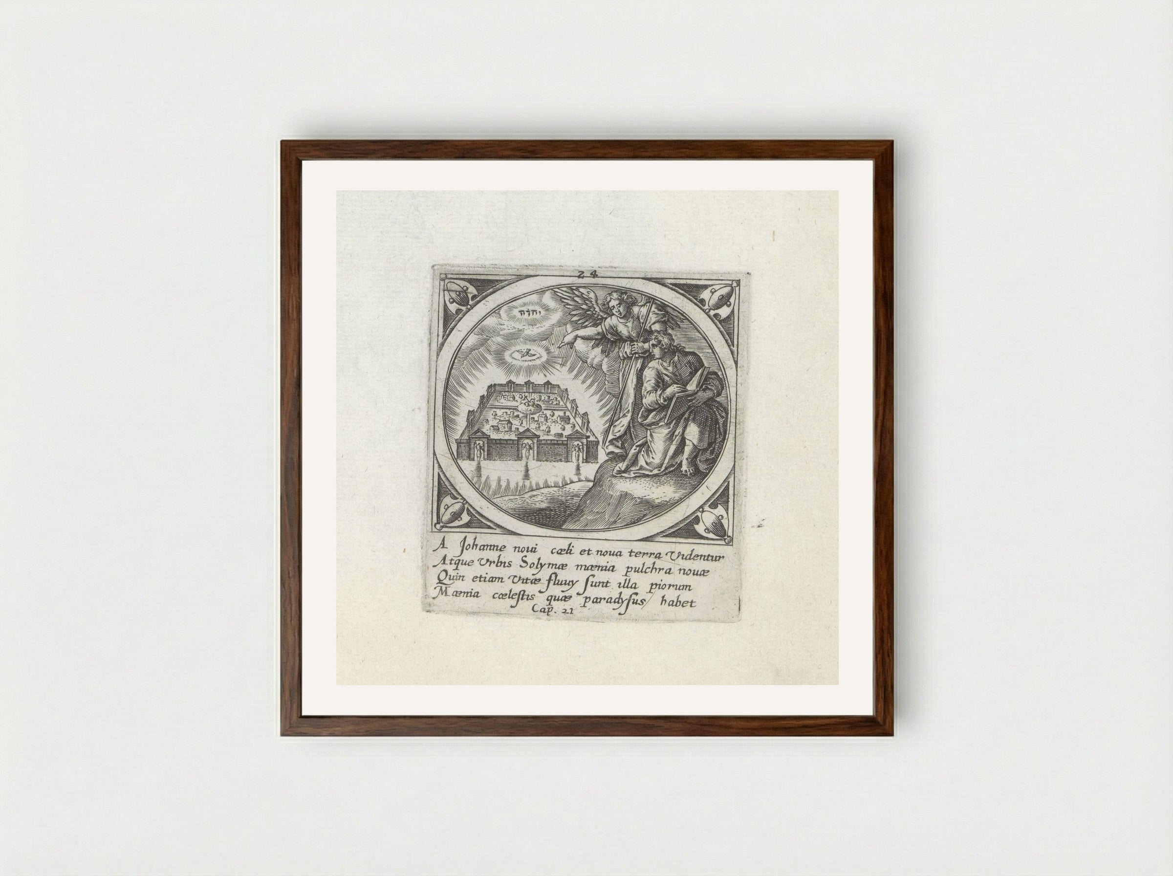 Engel toont Johannes het nieuwe Jeruzalem - Gerard de Jode - Framed Print Dark Wood