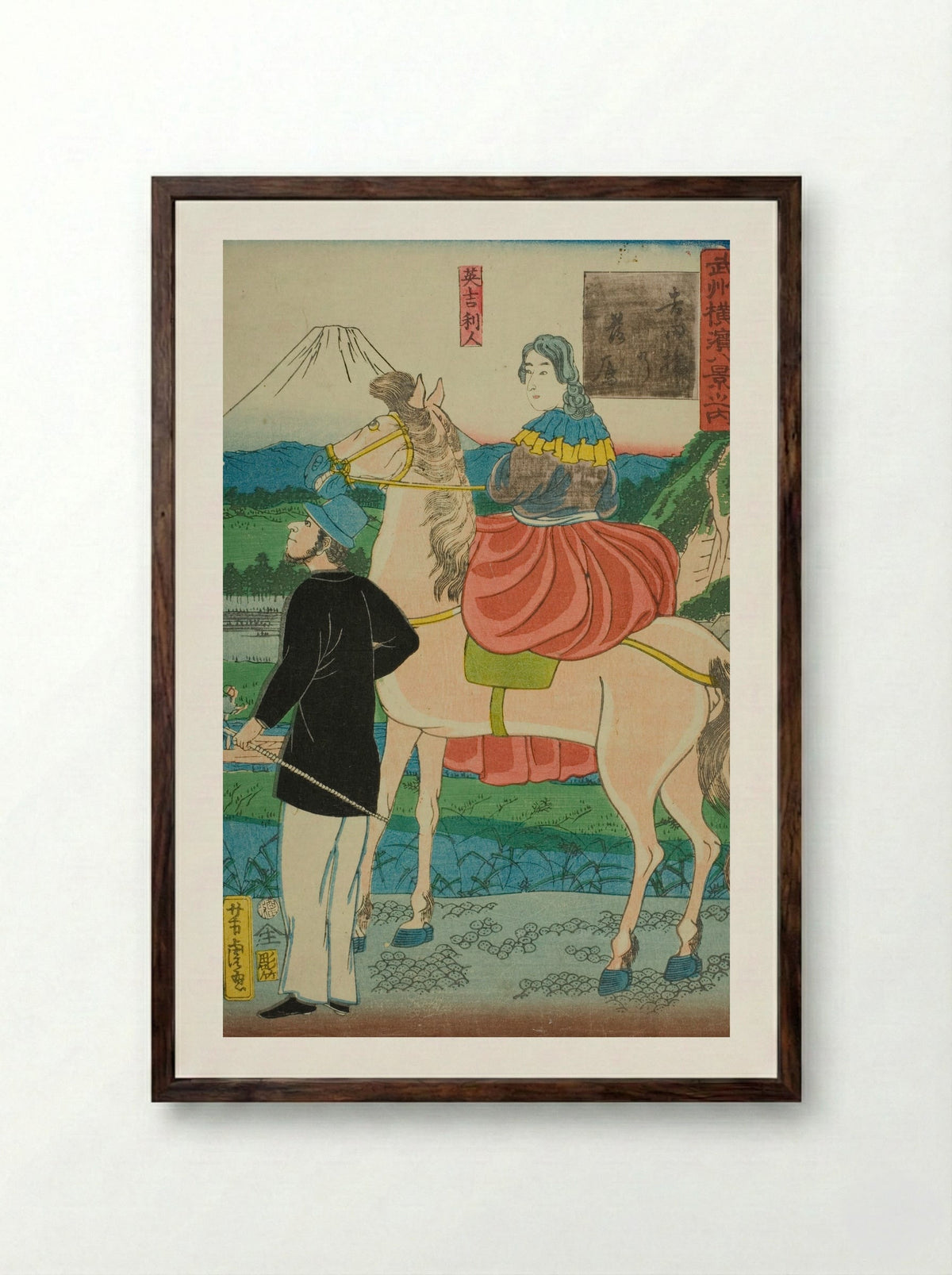 English Watching Descending Geese at Yoshida Bridge - Utagawa Yoshitora - Framed Print Dark Wood