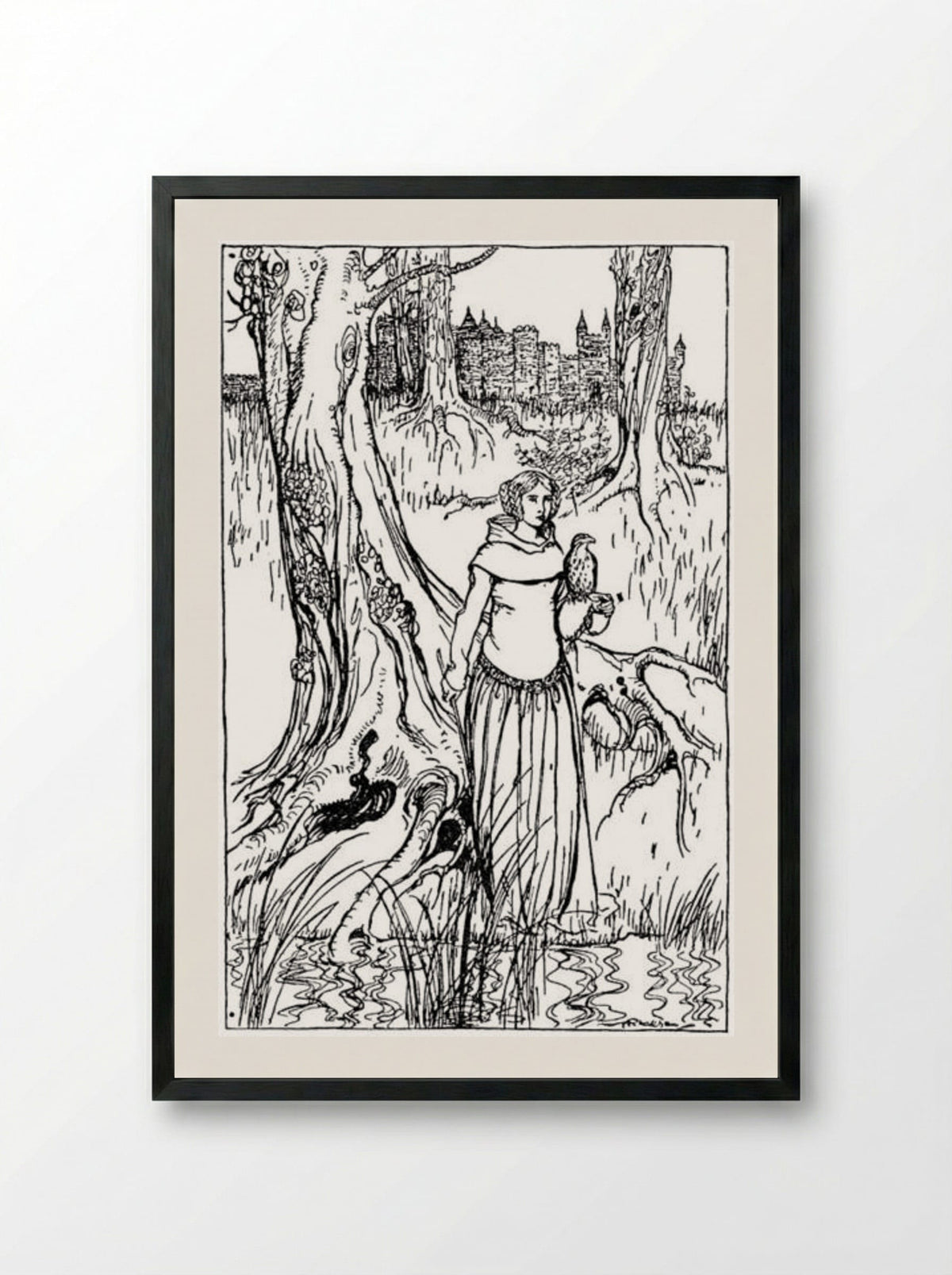 Enide with the golden hawk - Arthur Rackham - Framed Print Black