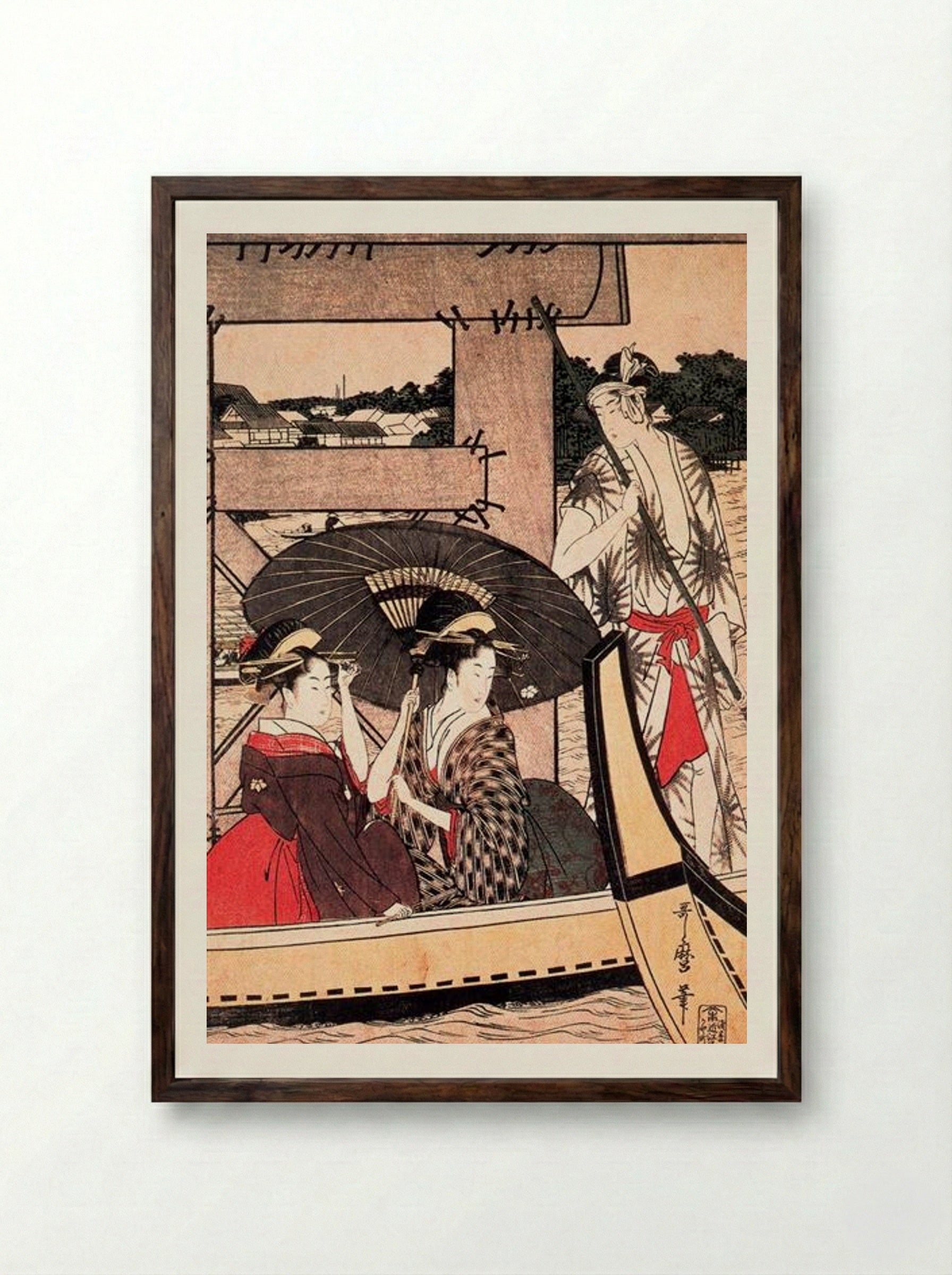 Enjoying the Cool Evening Breeze on and under the Bridge - Kitagawa Utamaro - Framed Print Dark Wood