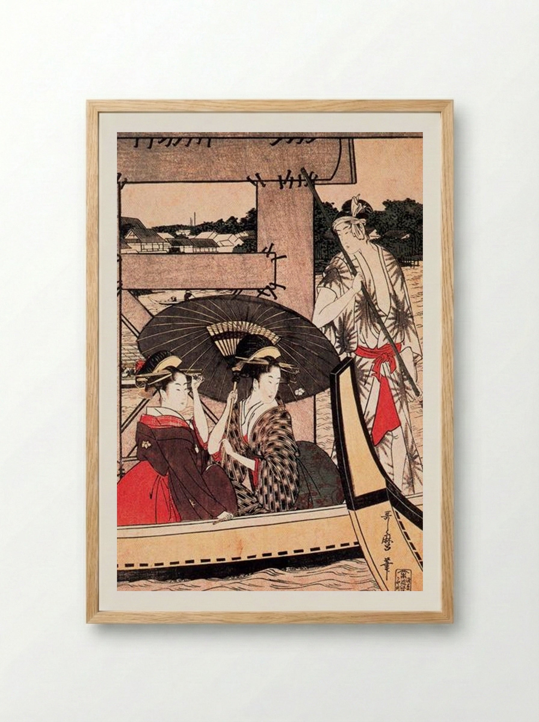 Enjoying the Cool Evening Breeze on and under the Bridge - Kitagawa Utamaro - Framed Print Wood