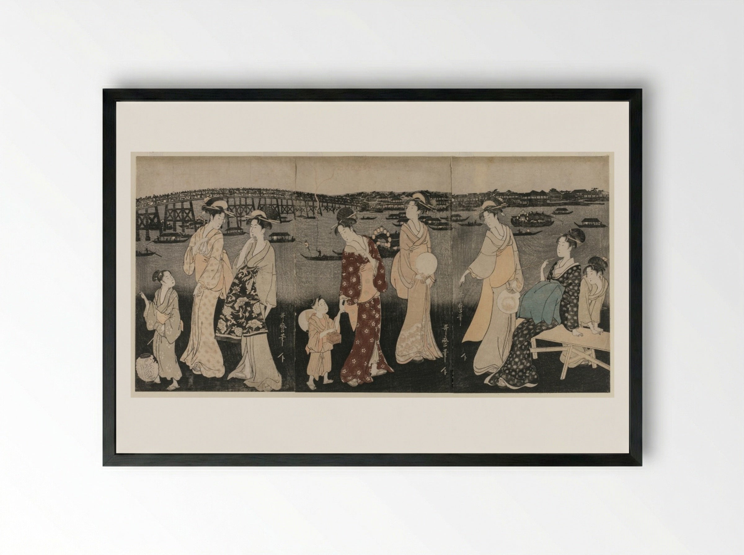 Enjoying the Evening Cool Along the Sumida River - Kitagawa Utamaro - Framed Print Black