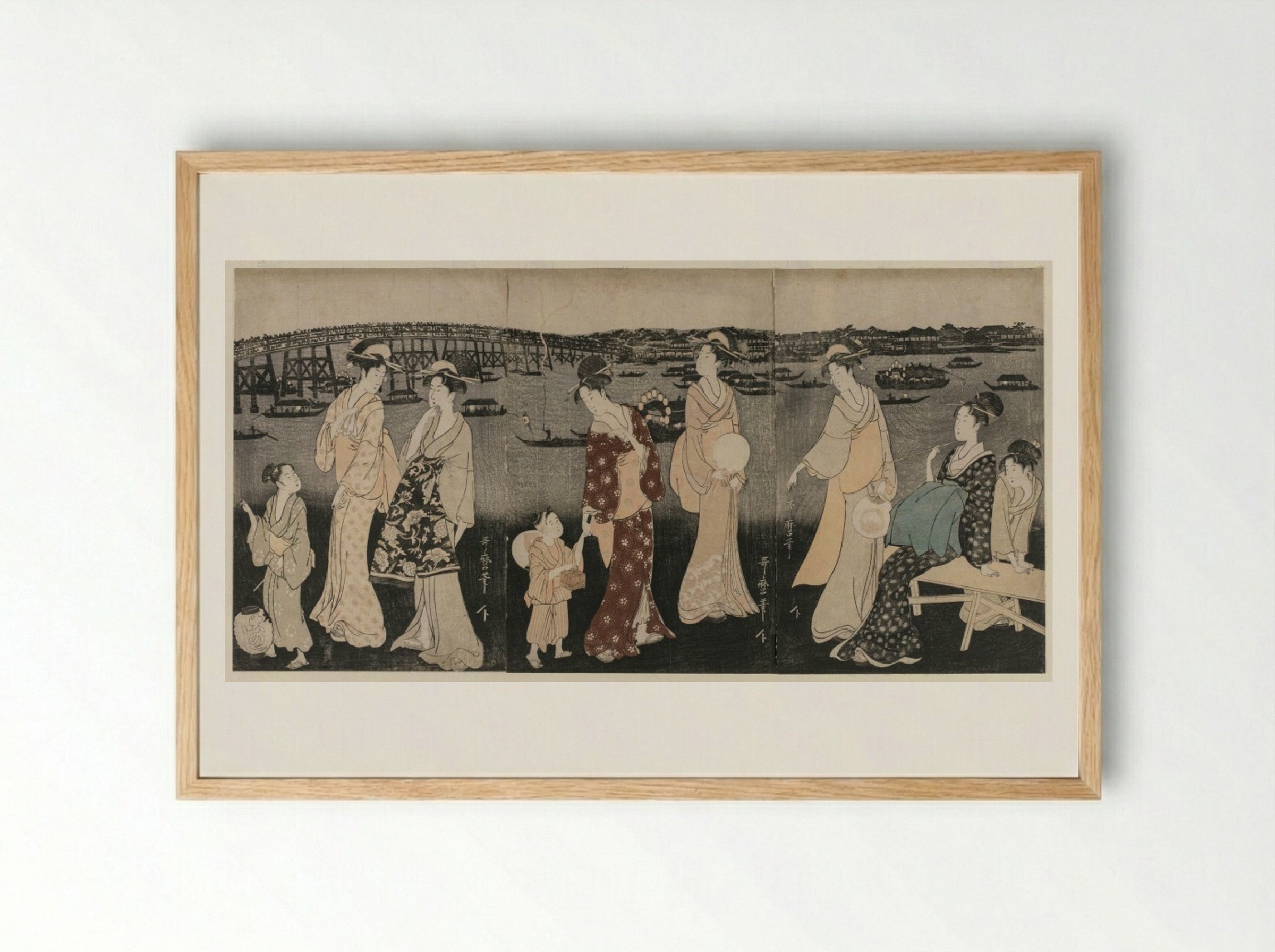 Enjoying the Evening Cool Along the Sumida River - Kitagawa Utamaro - Framed Print Wood