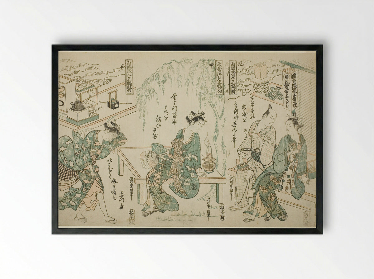 Enjoying the Evening Cool at Ryogoku - Ishikawa Toyonobu - Framed Print Black