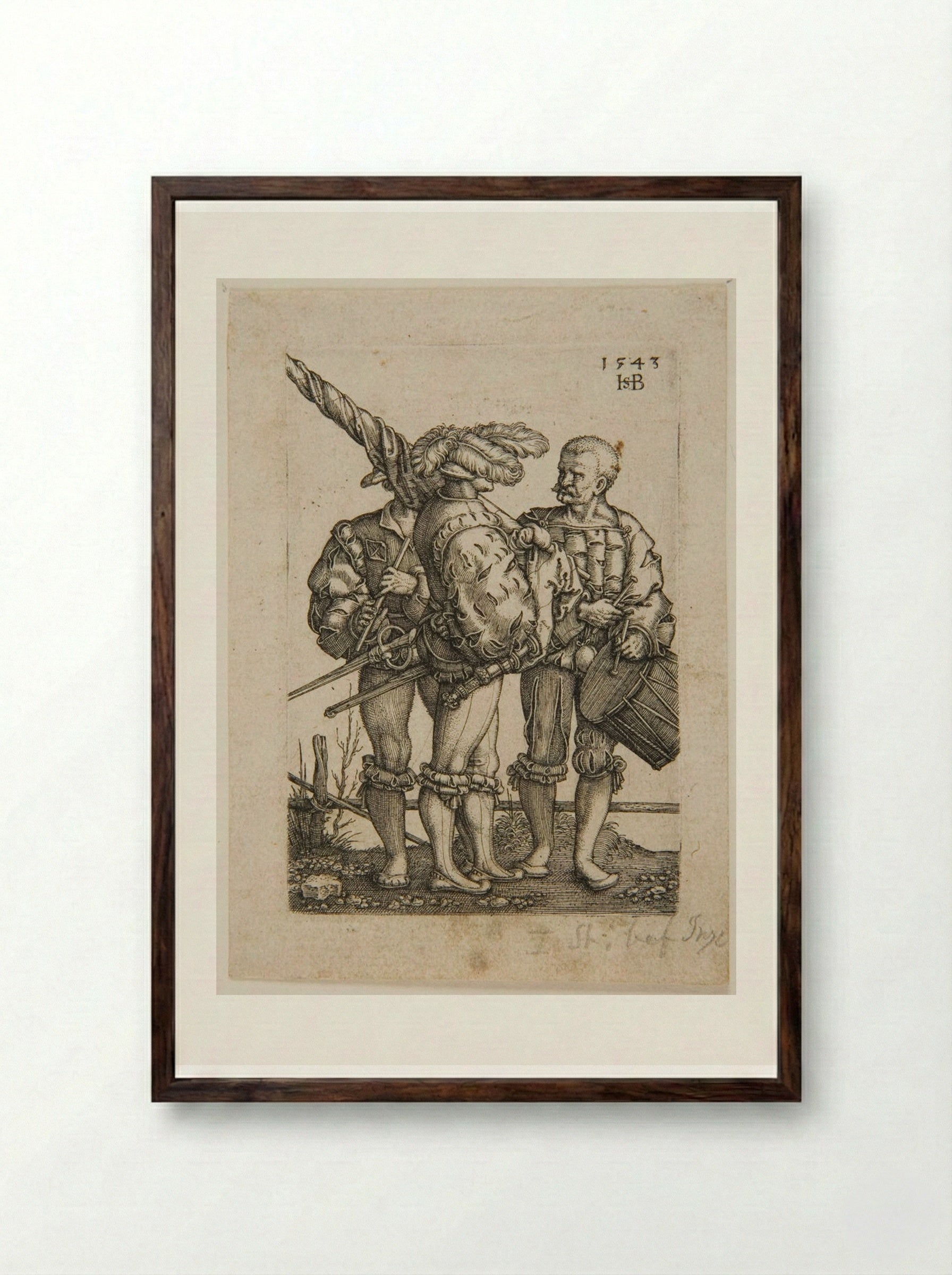 Ensign with Drummer and Fifer - Sebald Beham - Framed Print Dark Wood
