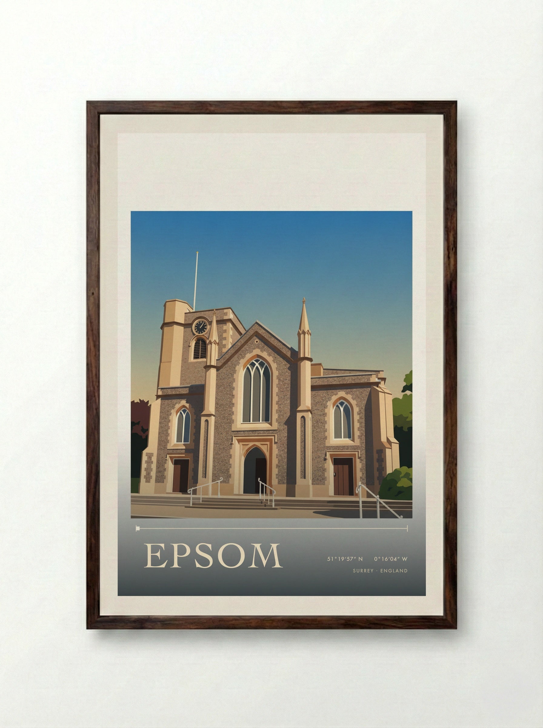 Epsom Surrey England Travel Poster - Framed Print Dark Wood