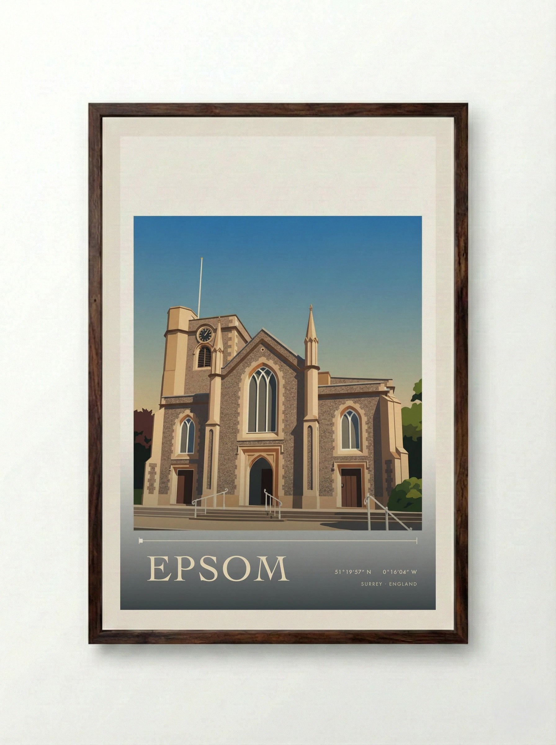 Epsom Surrey England Travel Poster - Framed Print Dark Wood