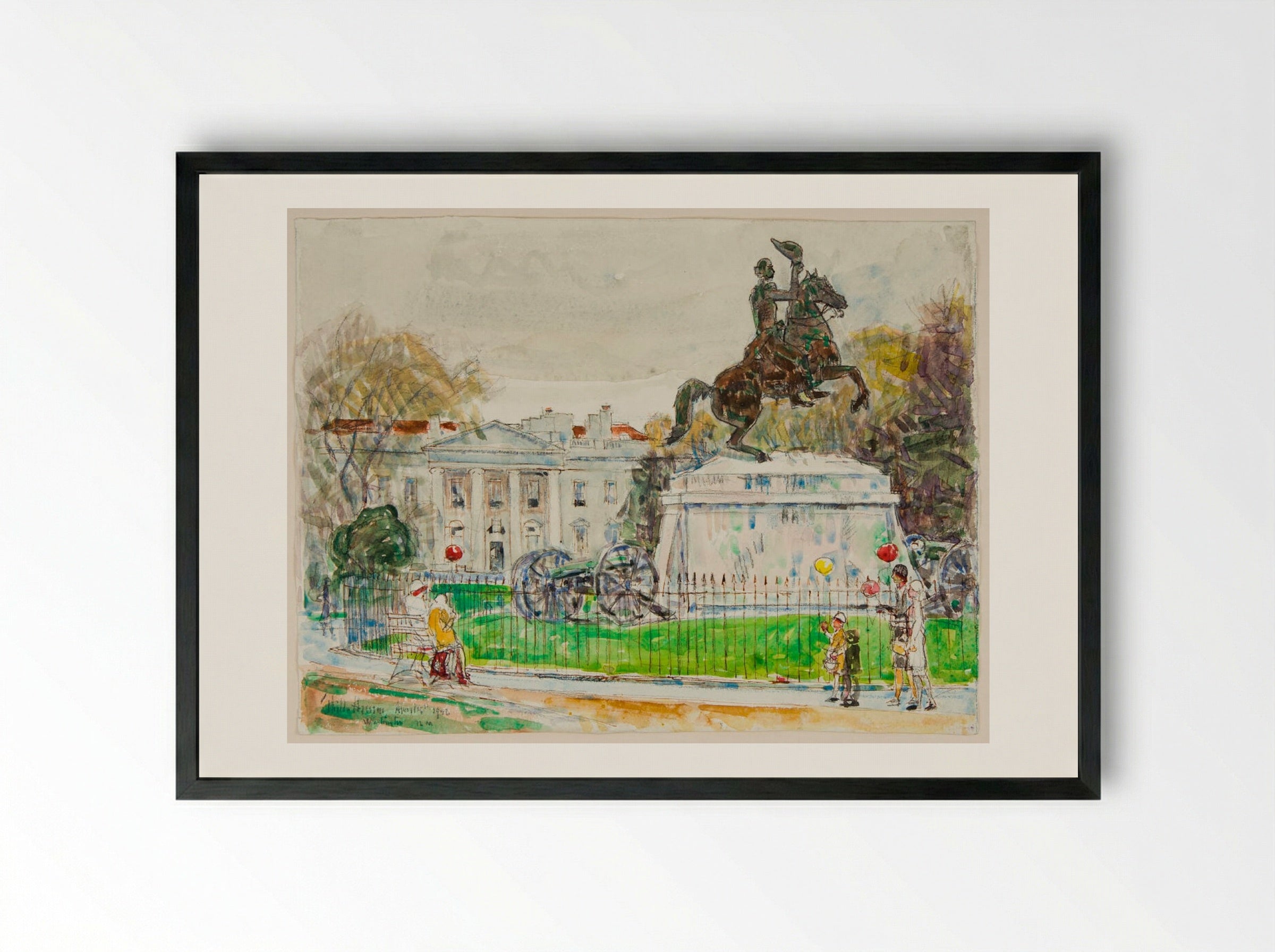Equestrian Statue of General Andrew Jackson, Washington DC - Childe Hassam - Framed Print Black