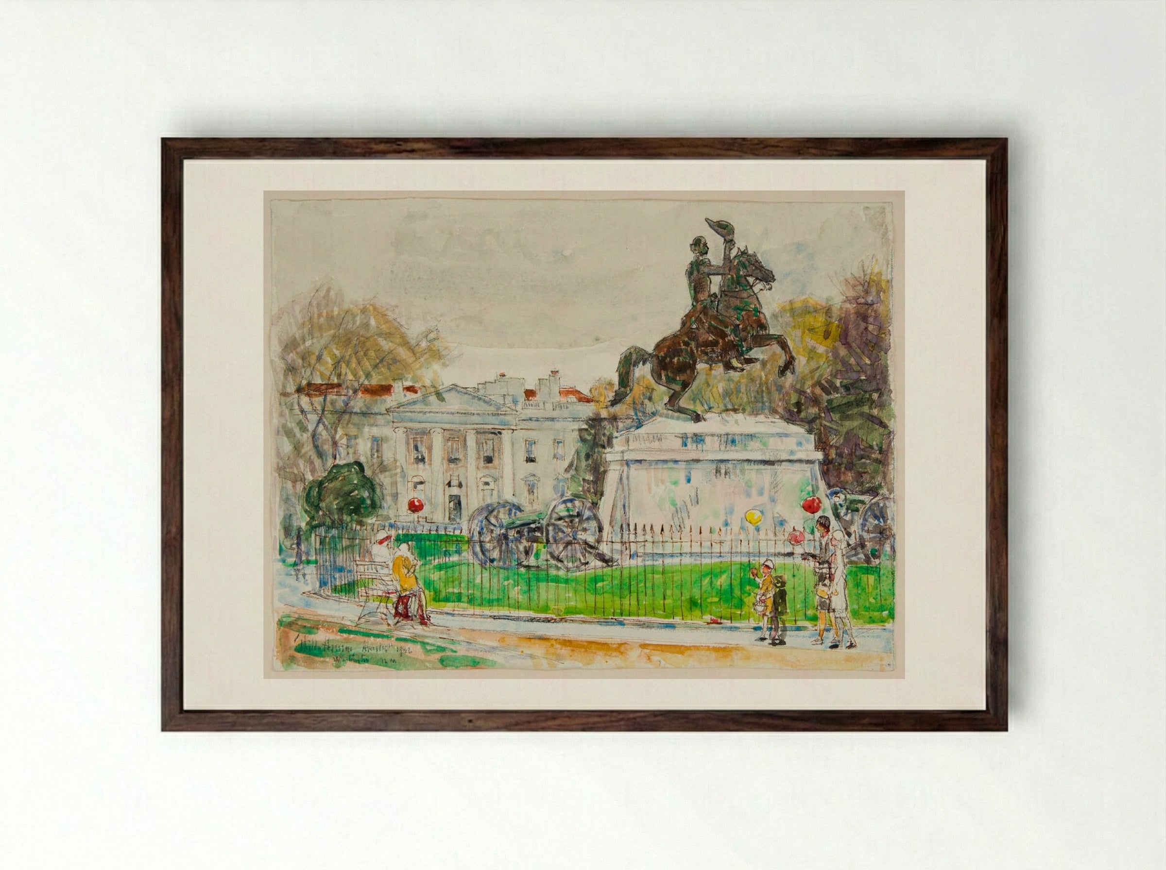 Equestrian Statue of General Andrew Jackson, Washington DC - Childe Hassam - Framed Print Dark Wood
