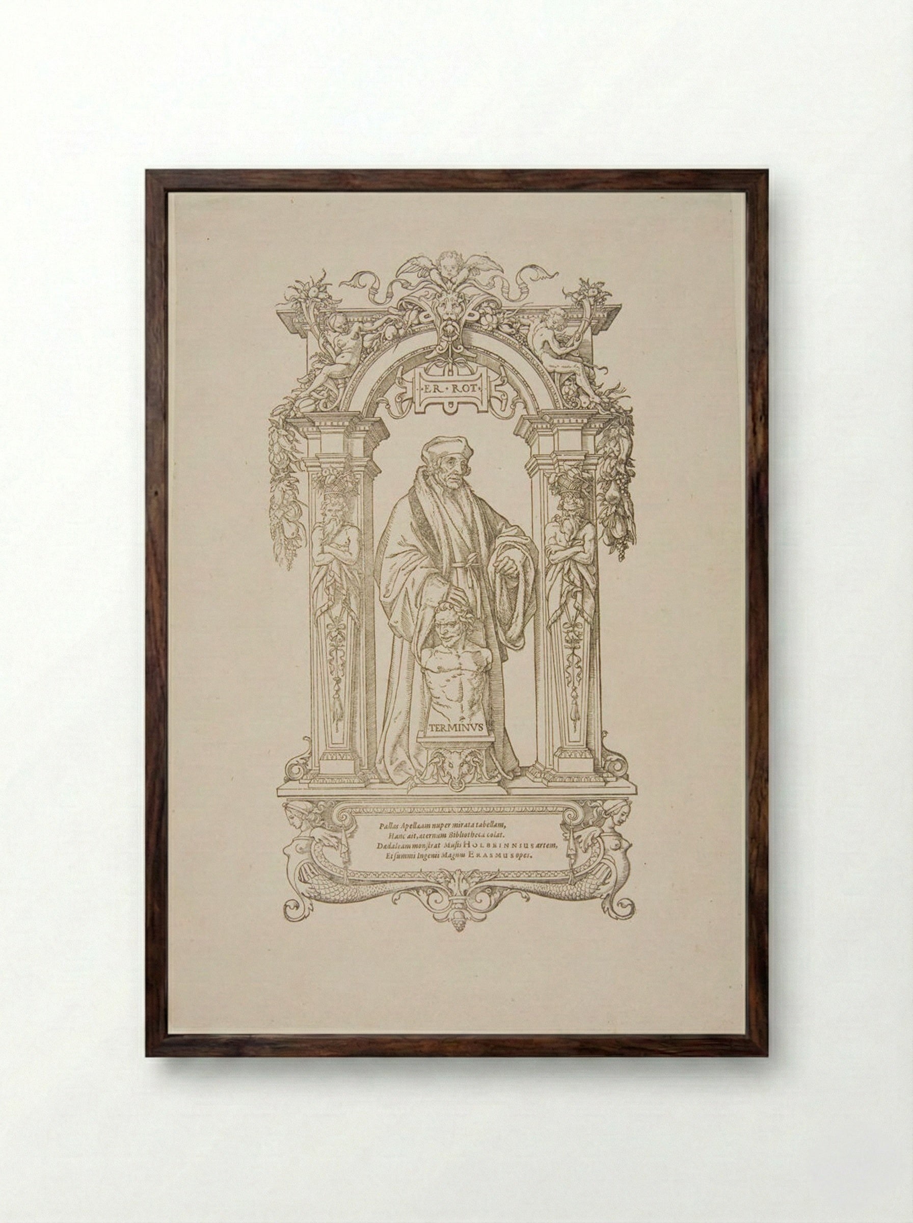 Erasmus with the Statue of Terminus - Hans Holbein the Younger - Framed Print Dark Wood