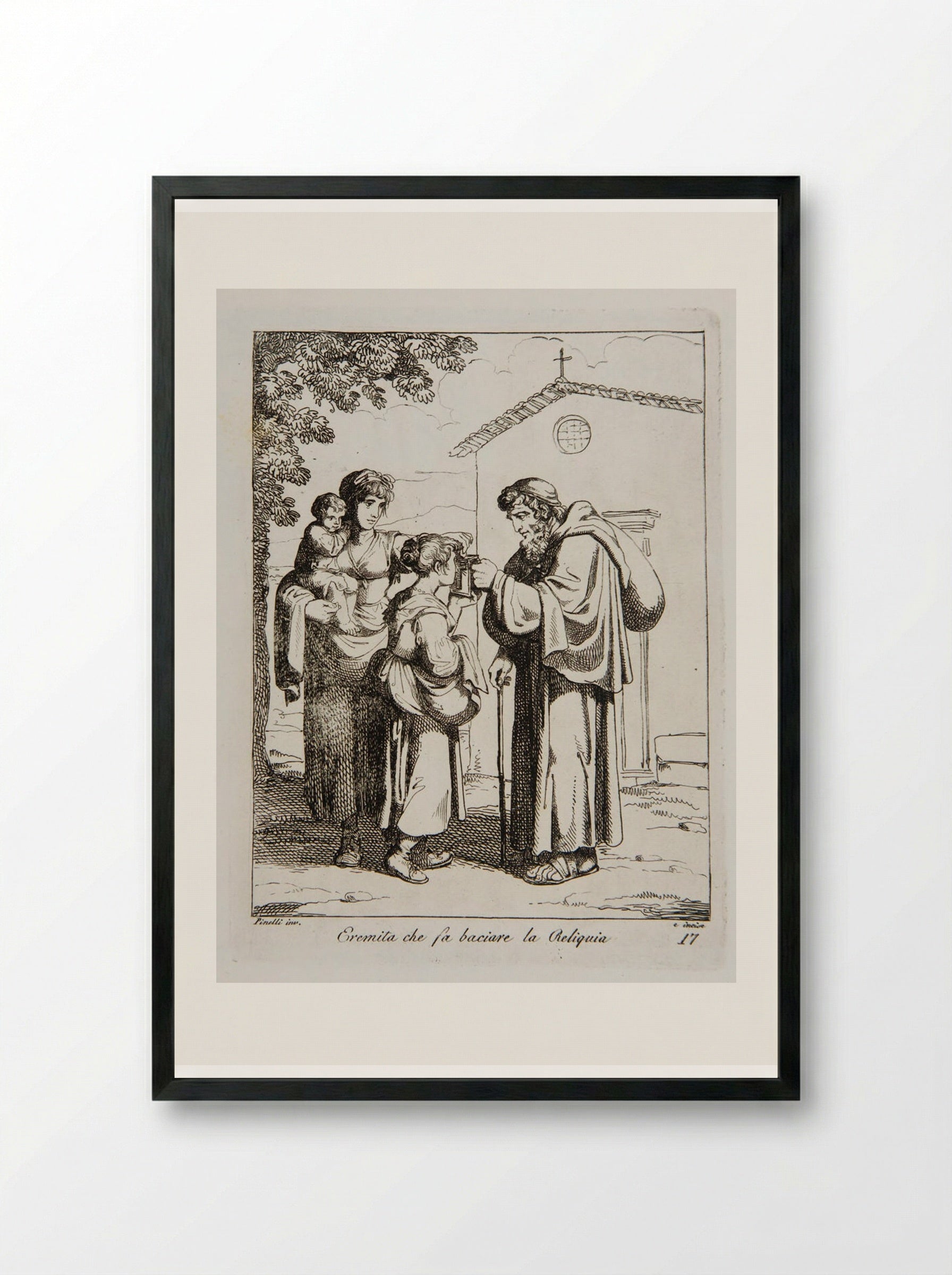Eremita che fa baciare la Reliquia - Bartolomeo Pinelli - Framed Print Black