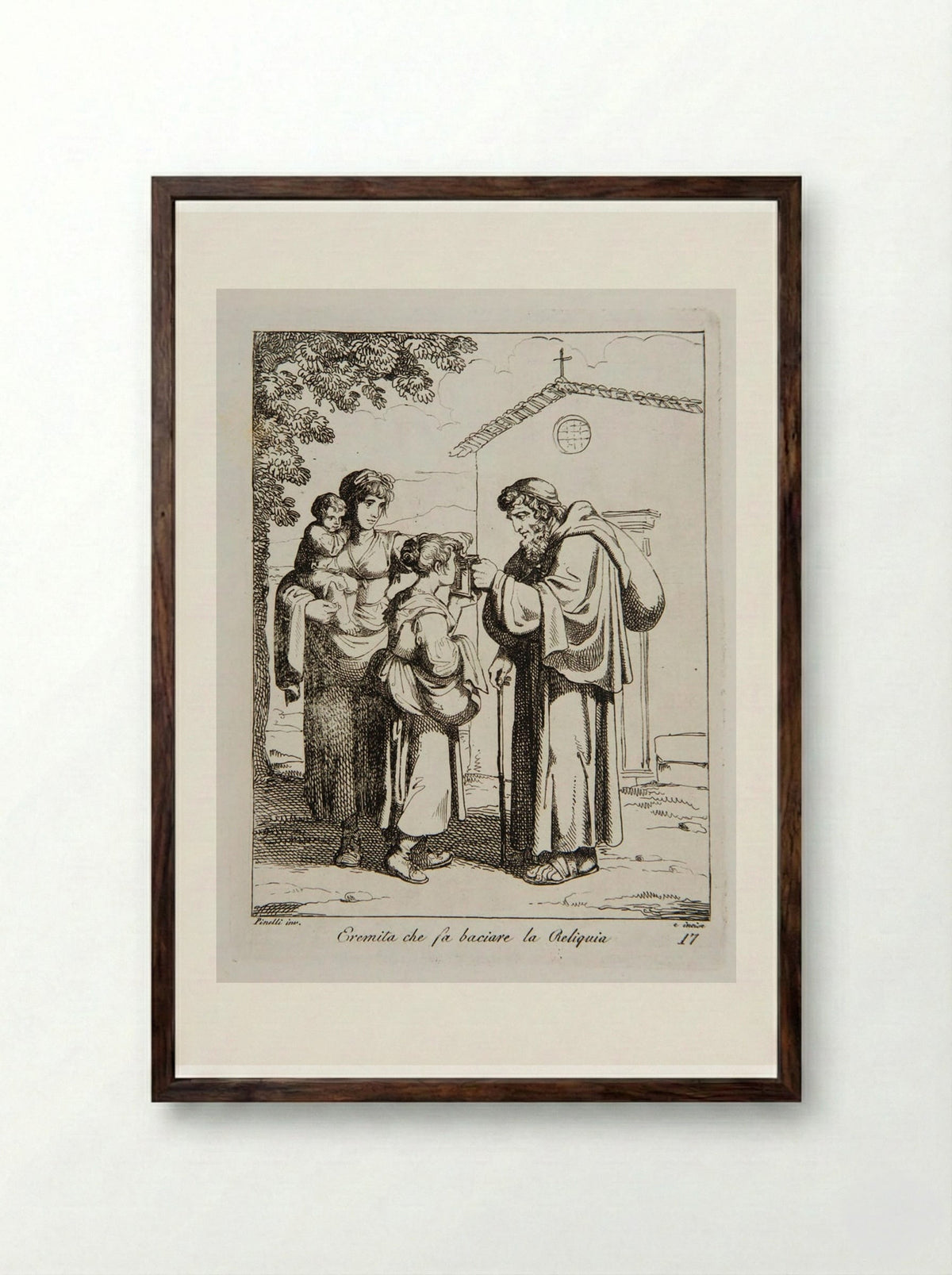 Eremita che fa baciare la Reliquia - Bartolomeo Pinelli - Framed Print Dark Wood