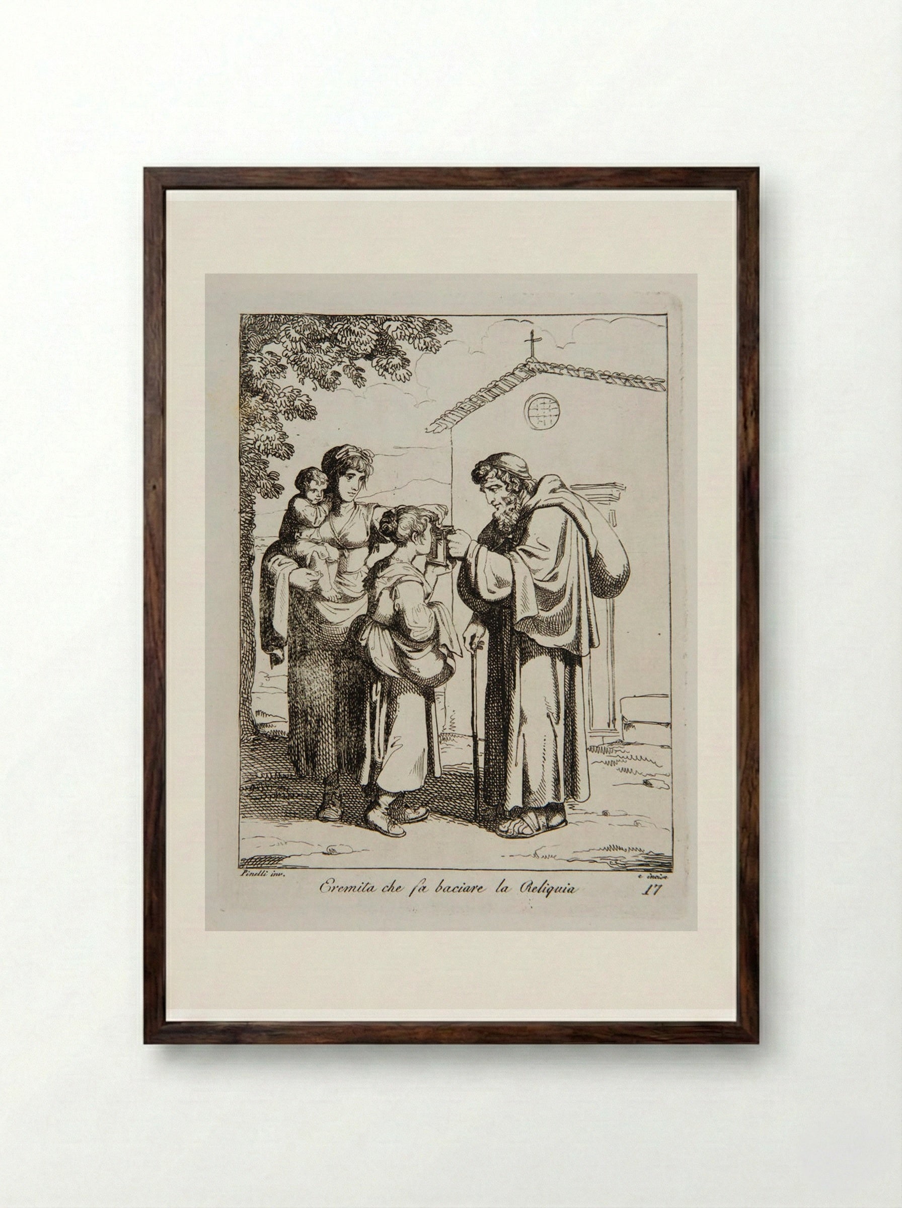 Eremita che fa baciare la Reliquia - Bartolomeo Pinelli - Framed Print Dark Wood