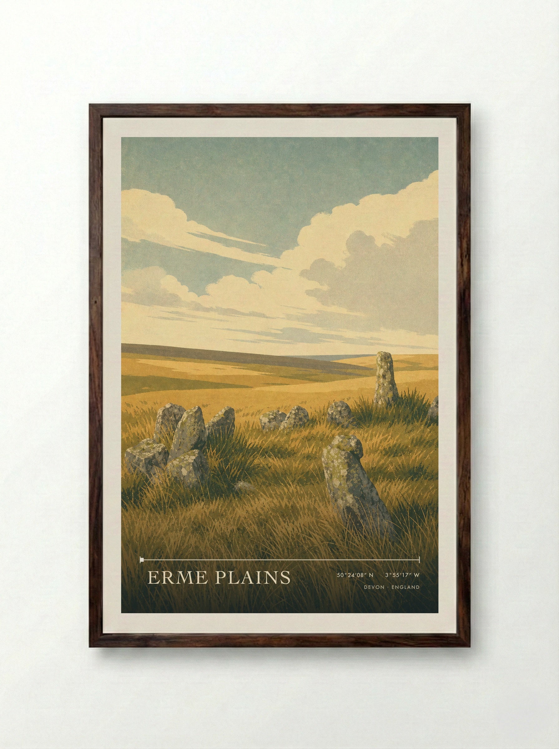 Erme Plains Devon England Travel Poster - Framed Print Dark Wood
